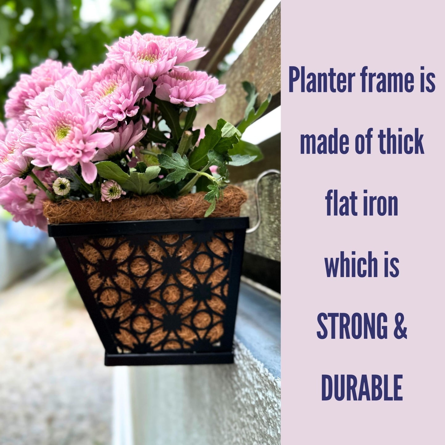 LaLaGreen Window Box Planter for Outdoor Plants (4 Pack, 12 Inch) Black Metal Small and Cute Rectangular Flower Pot Wall Planters with Coco Liner Horse Trough Railing Deck Balcony Fence Patio Decor