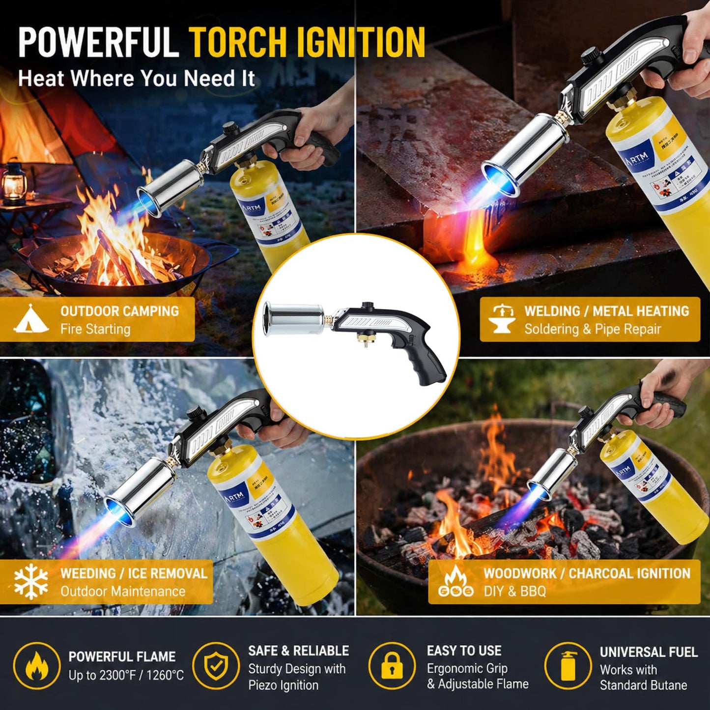 CYJBAO Propane Torch Head with Adjustable Flame & Safety Lock - Heavy Duty Brazing Burner for Soldering, BBQ Grill, Charcoal, Fire Starter, and Culinary Cooking (Tank Not Included)-Black Silver