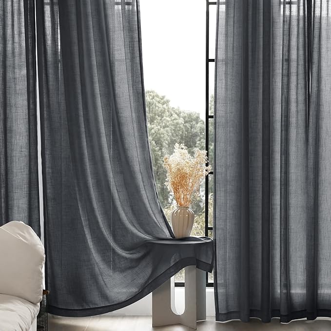 Dark Gray Curtains for Living Room Back Tab Modern Farmhouse Semi Sheer Gray Curtains 90 inches Long 2 Panels Set Muted Neutral Window Curtain for Dining Room Bedroom 52x90