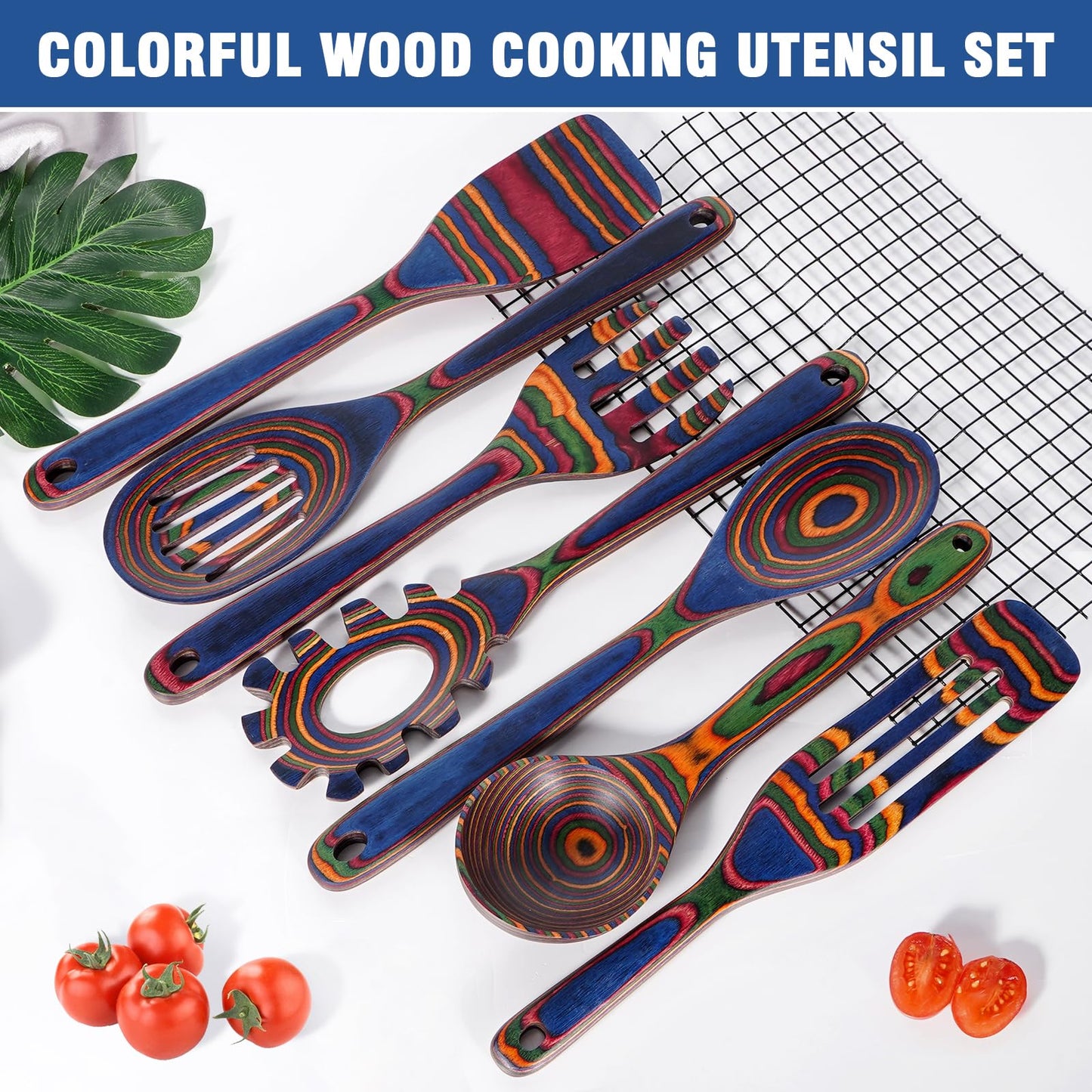 MYRAINBOW Wooden Spoons for Cooking – 7 Piece Pakkawood Kitchen Utensils Set with Spatulas, Spoons, Ladles, and Turner for Mixing, Serving & Cooking
