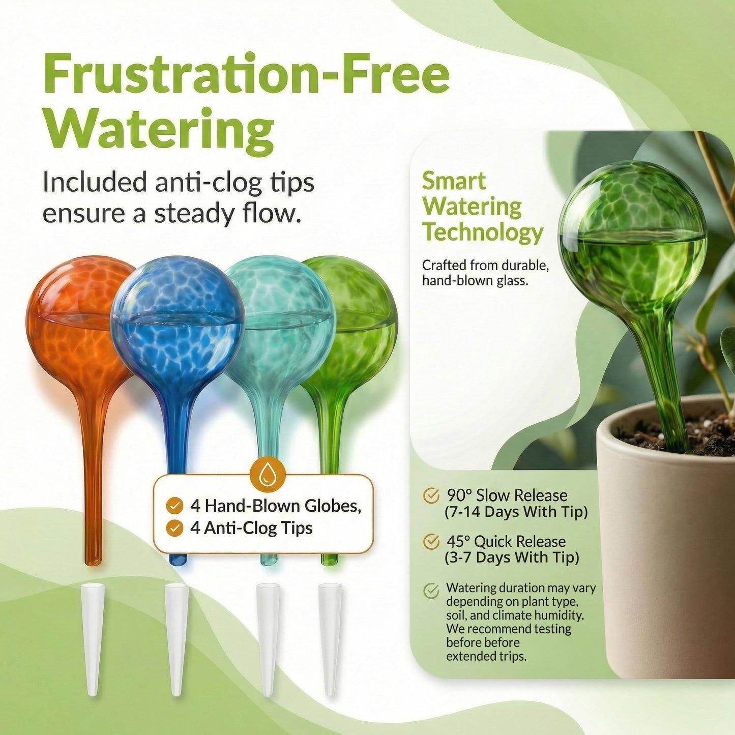 Little Green Leaf Automatic Plant Watering Globes Self Watering Planter Inserts (Set of 4) | Hands Free Multicolor Glass Bulbs | Planter Spikes to Support Indoor & Outdoor Plant Health (100ml)