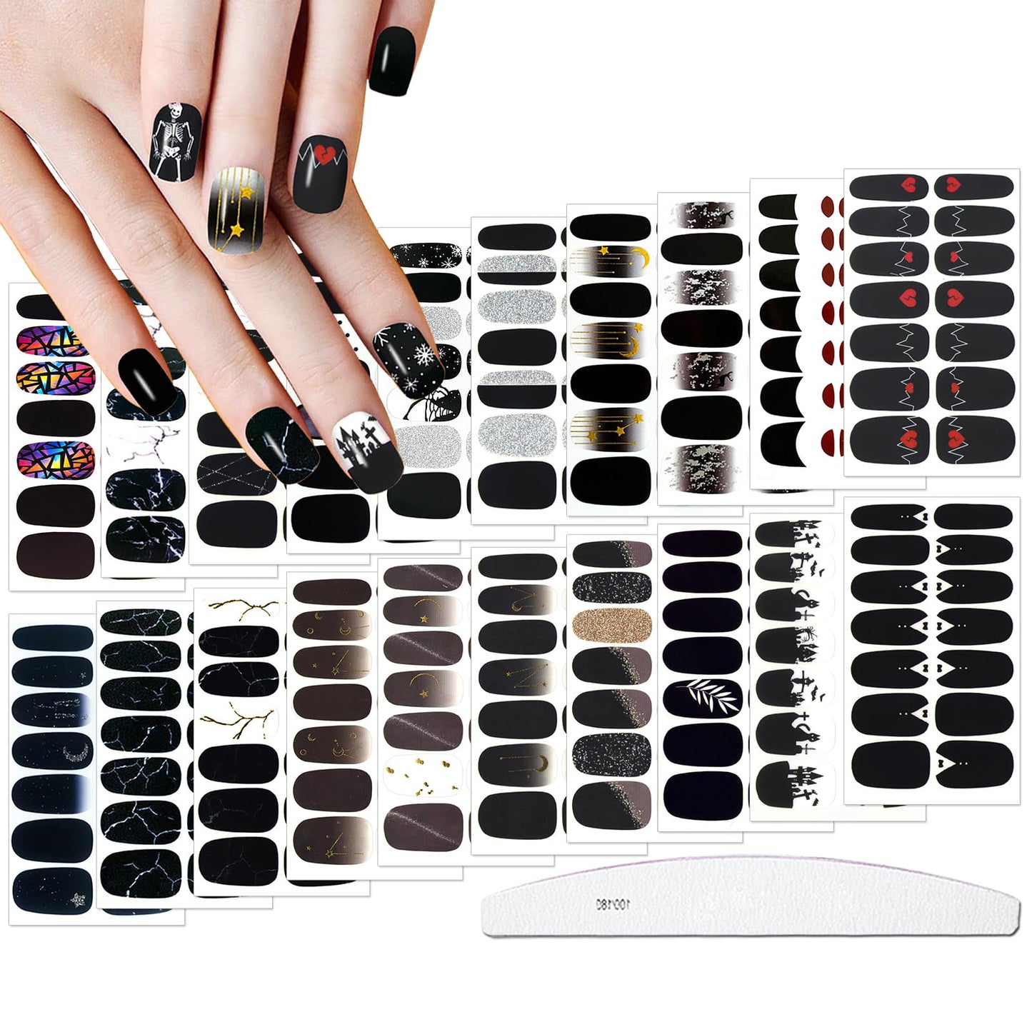 JERCLITY 20 Sheets Black Halloween Nail Polish Strips Black White Heart Snowflake Star Moon Marbled Pattern Gel Nail Strips Black Nail Stickers Full Wraps for Women