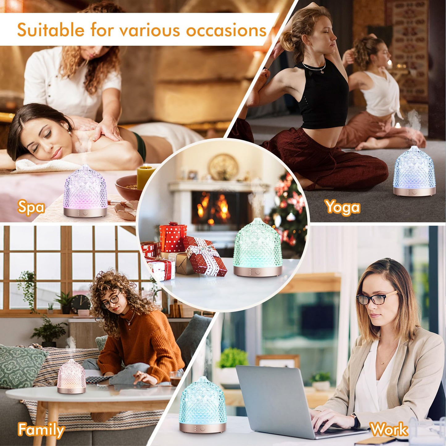 200ml Glass Reservoir Essential Oil Diffuser with Glass Dome Ultrasonic Aromatherapy Diffuser with Four Timer Colorful Light Auto-Off for Home Office Bedroom