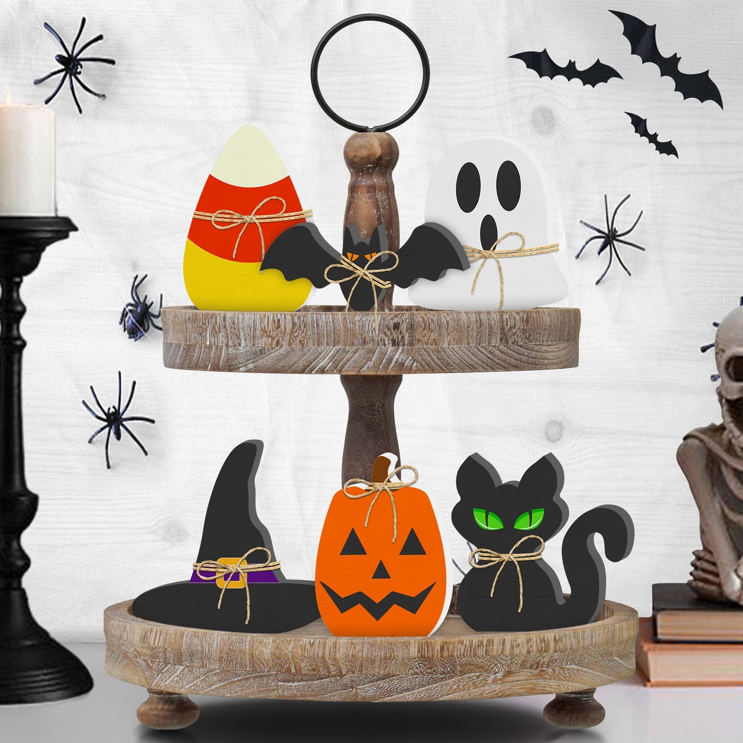 6PCS Halloween Wooden Decor - Halloween Decorations Wooden Signs Include Pumpkin Ghost Bat Black Cat Witch Hat Candy Corn Freestanding Table Signs Tiered Tray Decor for Rustic Farmhouse Home Mantle
