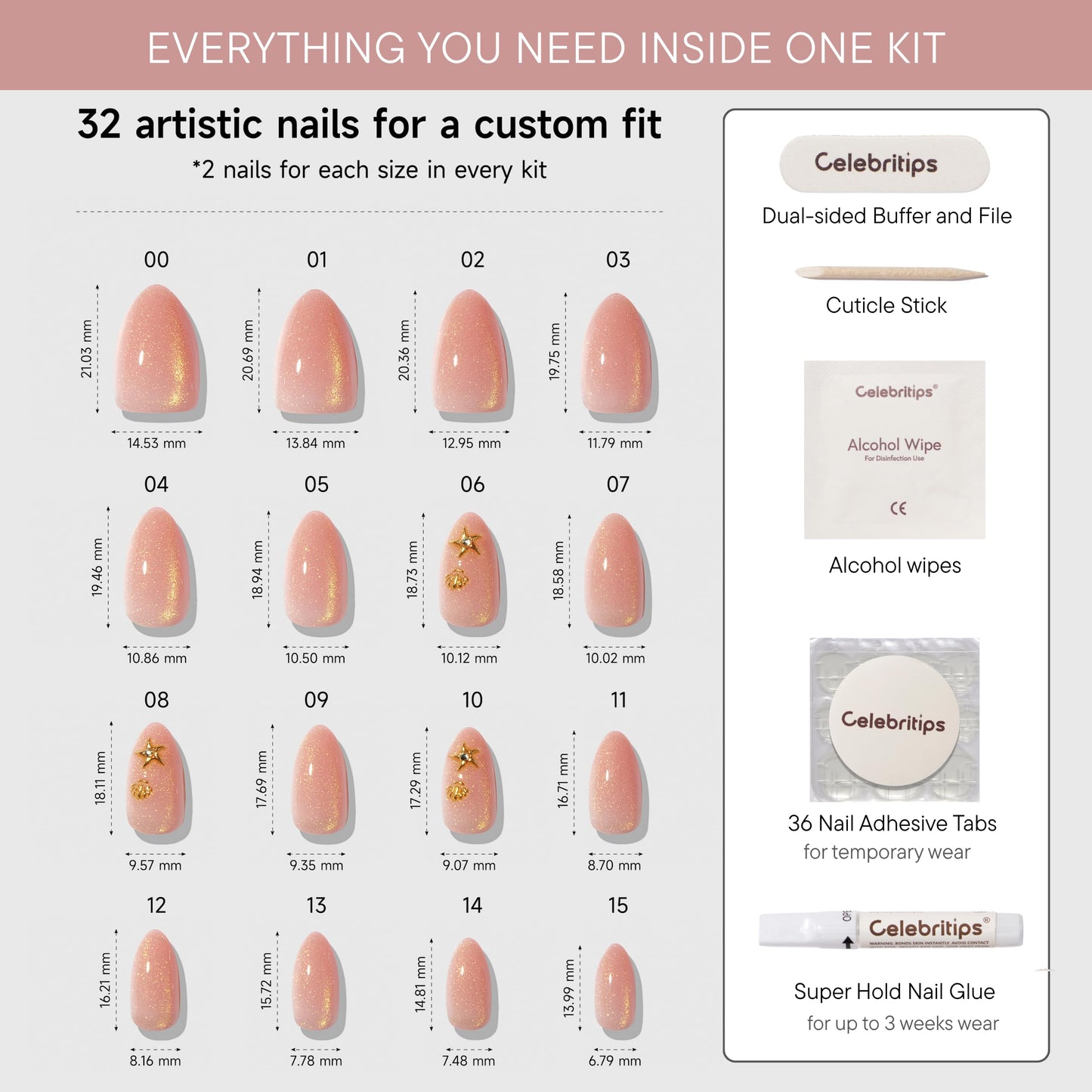 Celebritips Nail Art Press-Ons | Short Almond Nails, Reusable | 16 sizes - 32 Nails Kit with Super-hold Nail Glue and Sticky Tabs (Golden Water Fairy)
