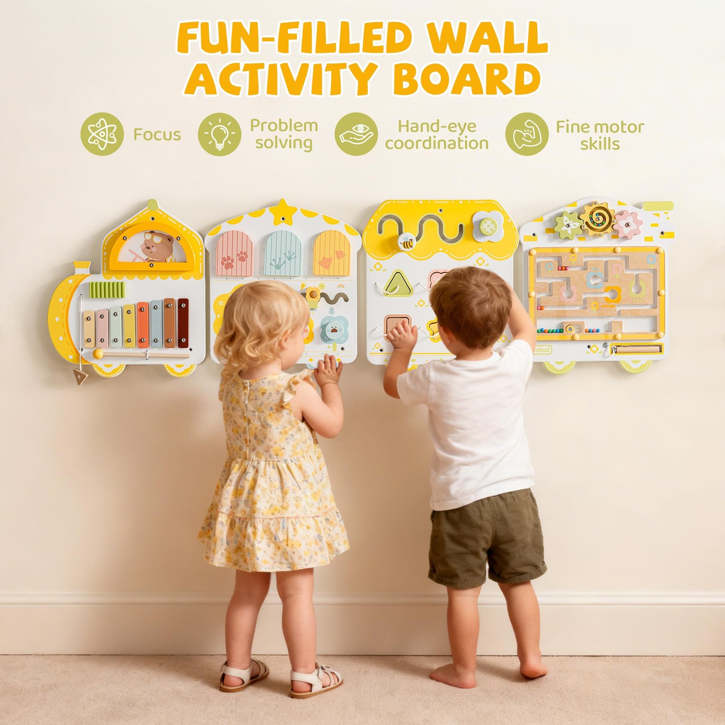 ROBUD Activity Wall Busy Board, Spring Train Montessori Busy Board, 12-in-1 Wooden Sensory Wall Panel, Montessori Sensory Wall Panel for Boys & Girls, Ideal for Toddler Playroom Nursery Classroom