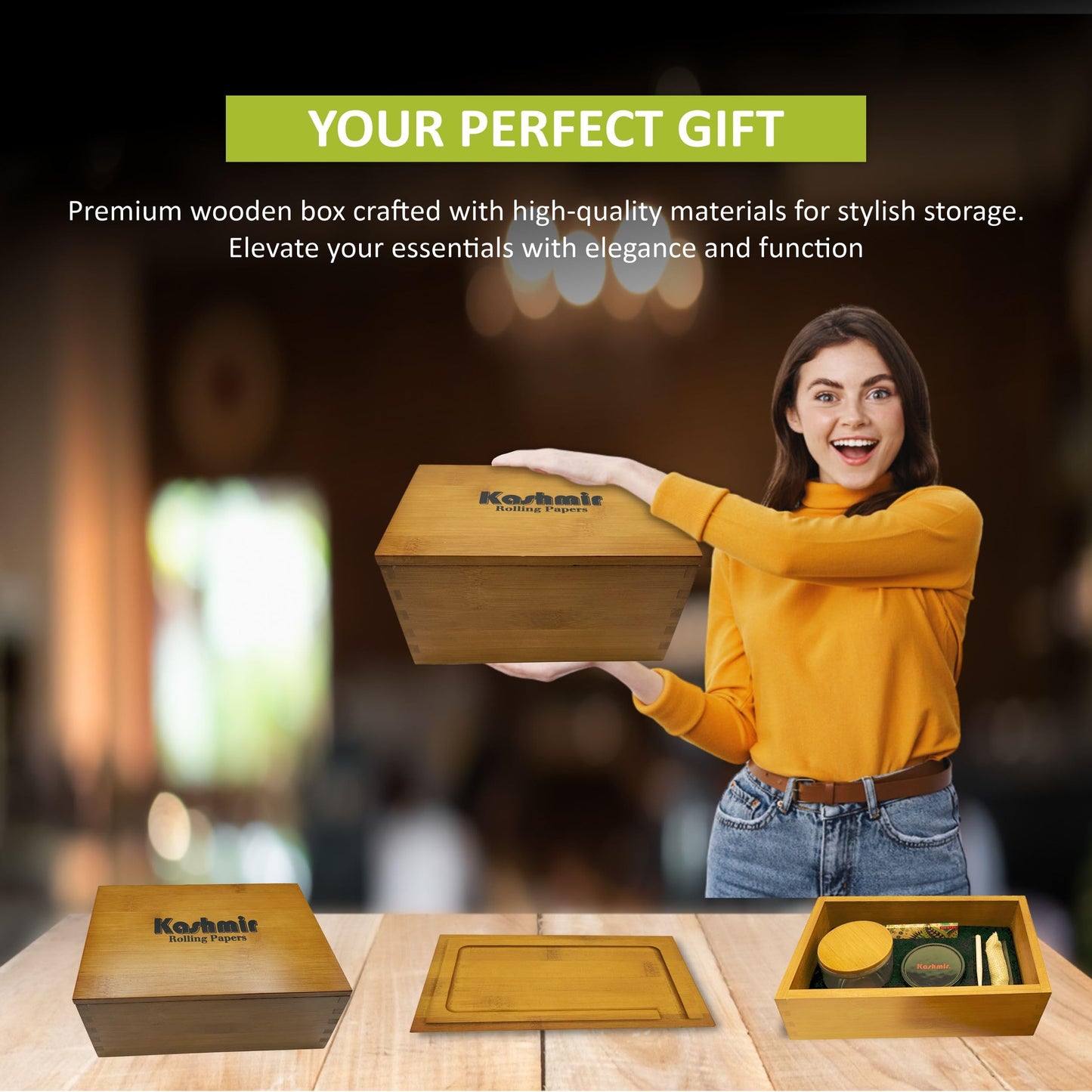 Kashmir Wooden Storage Kit – Bamboo Lockable Stash Box with Glass Jar & Rolling Tray, Smell-Proof Organizer for Home or Travel, Decorative Keepsake Gift with Combination Lock
