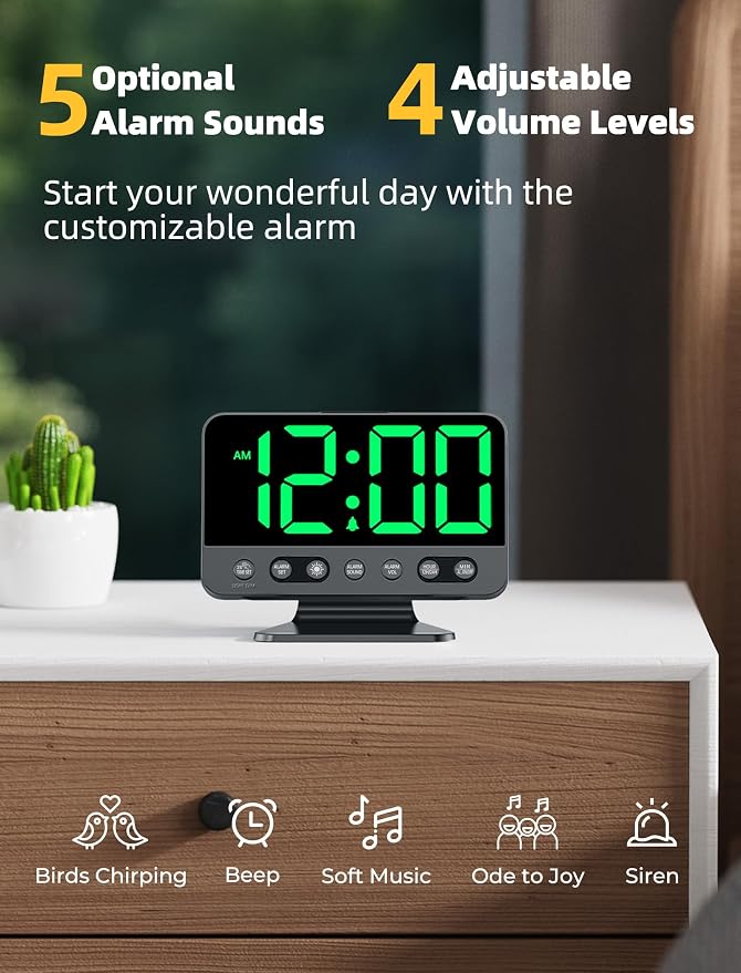 Odokee Digital Alarm Clocks for Bedrooms with Large Bold Number | Electric Desk Clock with Night Light & Brightness Dimmer - Loud Alarm for Heavy Sleepers with Adjustable Volume - Green