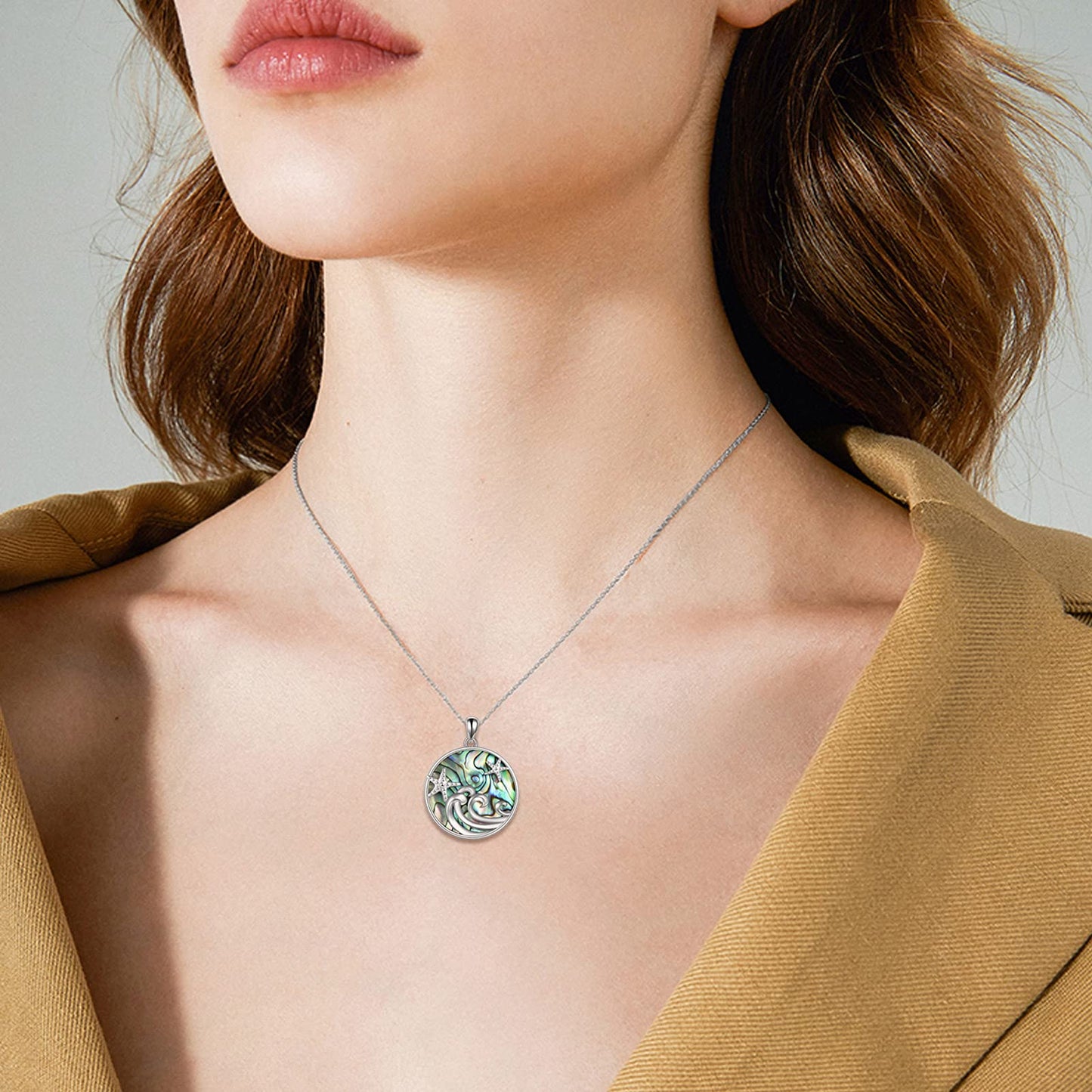 CRMAD Ocean Beach ocean Jewelry for Women Sterling Silver Starfish Wave Ocean Necklace Gifts (abalone)