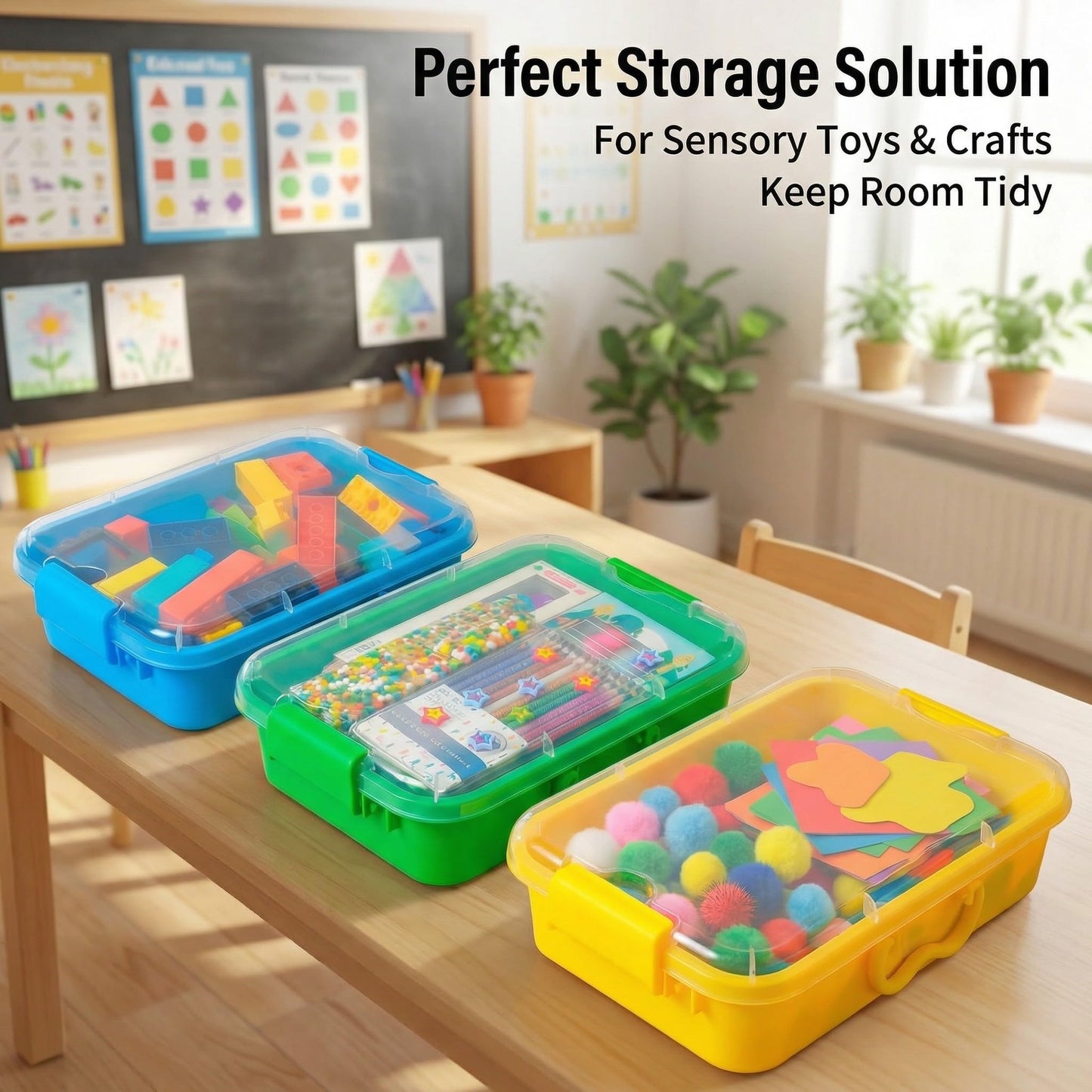 Carolart 3 Pack Storage Bins with Lids, 13.5 Inch Plastic Toy Organizer for Classroom, Small Stackable Containers for Sensory Sand, Art Supplies, Puzzles, Craft and Snacks
