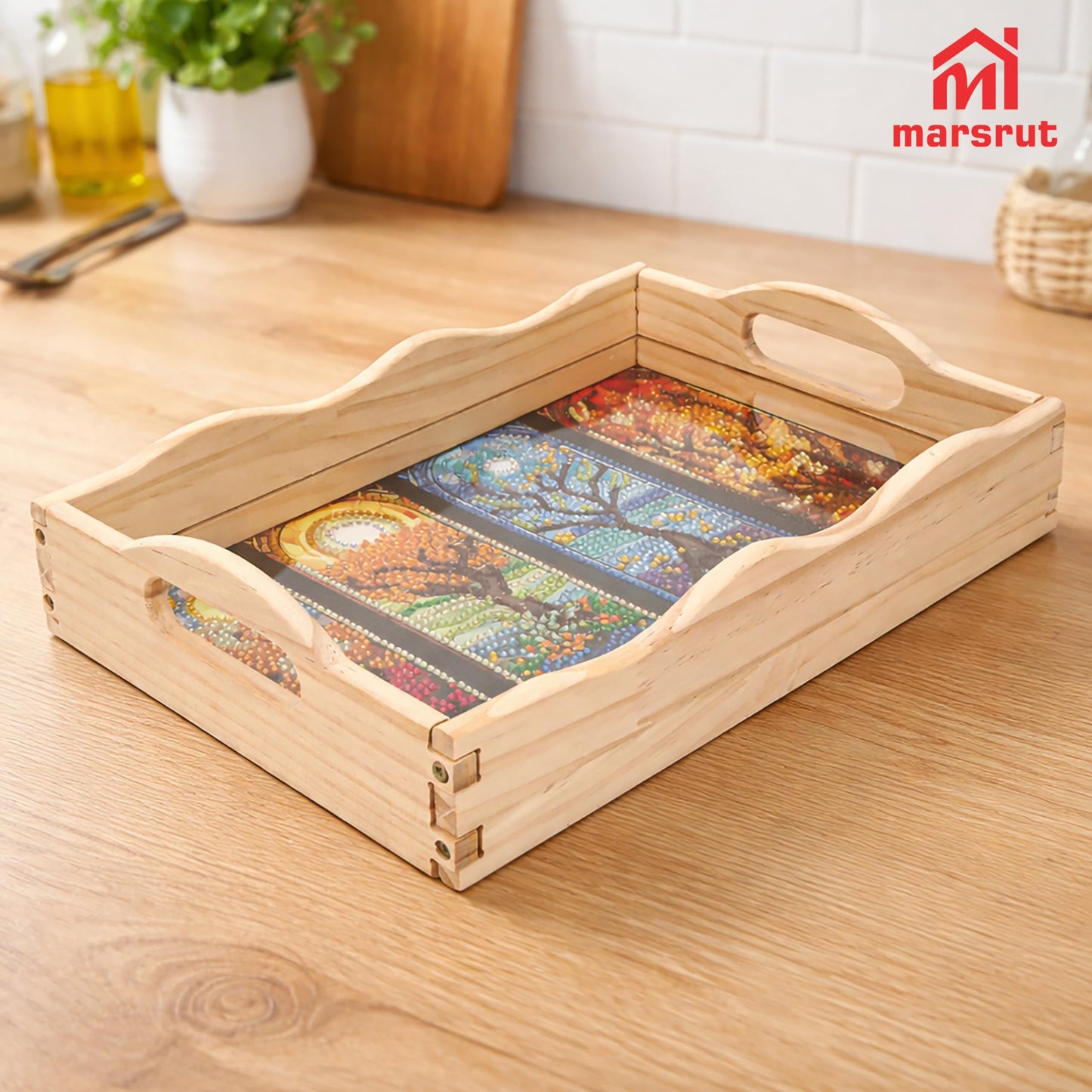 Diamond Art Wooden Tray Kit, 5D Painting Rectangular Serving Tray, Dot Drilled Dinner Plate, Creative DIY Mosaic with Handle & Four Seasons Scenery for Adults, Tea Coffee Snack, Home, Restaurant, Bar