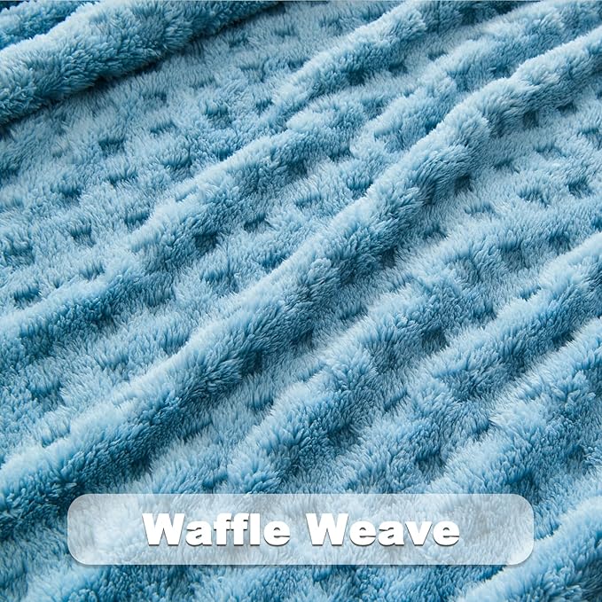 NEWCOSPLAY Super Soft King Blanket Blue Premium Silky Flannel Fleece 3D Waffle Checkered Lightweight Bed Blanket All Season Use (Blue, King(90"x110"))