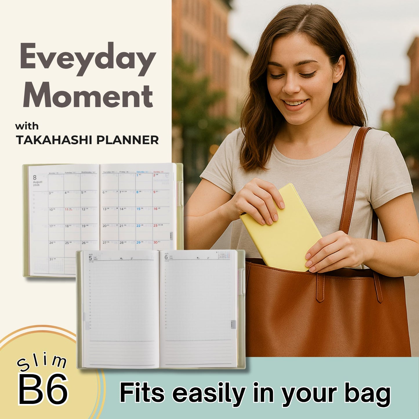 torinco 1（No.553）2026 Japanese Daily Planner (B6 Slim 4.7'' x 7.2'') 1 Page Per Day with Blue Grid + Monthly Split-Box Blocks, Easy-to-Use, Clean Layout for Everyday Planning - Milk Green