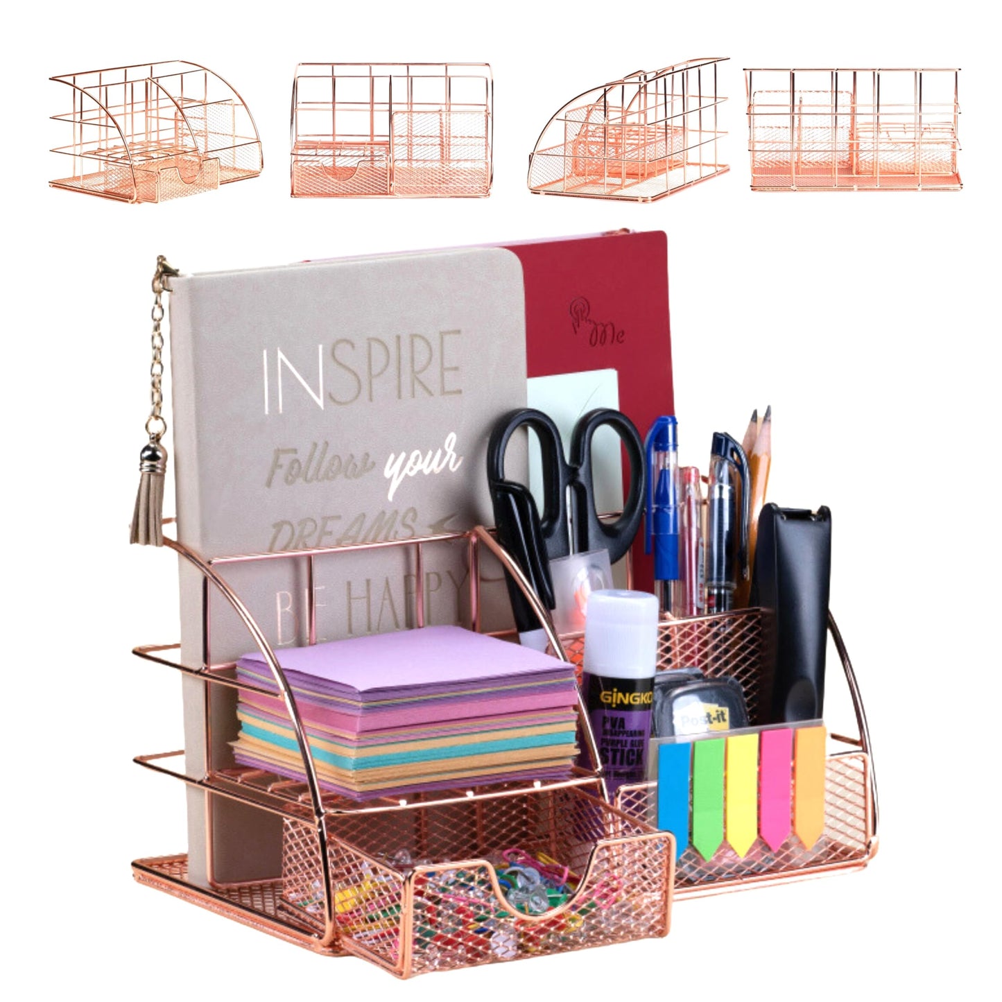 Rose Gold Desk Organizer for Women Cute Home Office Accessories & Supplies Decor, Girly Desktop Stationary Essentials Organization Set, Mesh Caddy Storage 5 Compartments +1 Mini Sliding Drawer