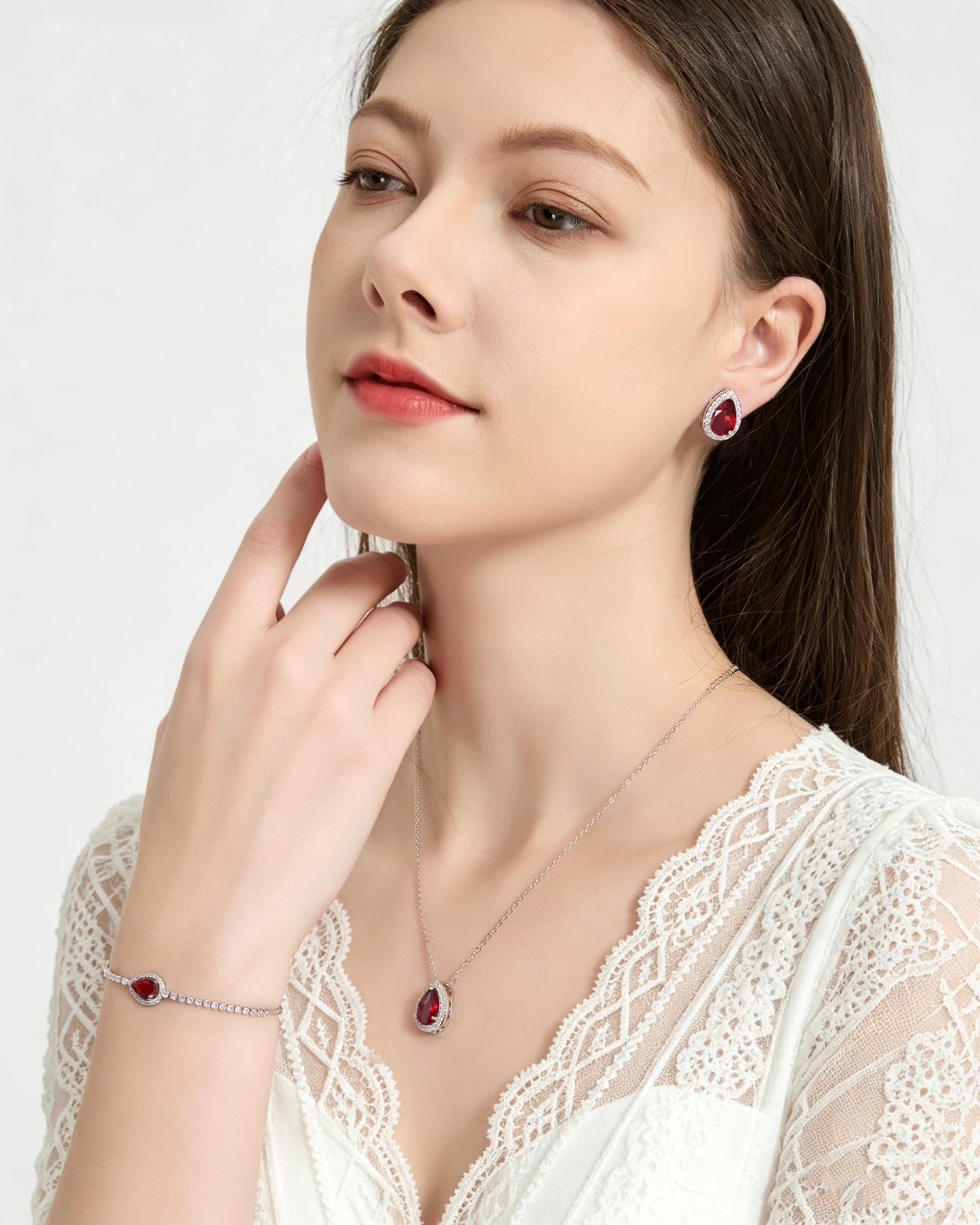 UDYLGOON Teardrop CZ Bridal Jewelry Set Imitation Diamond Earrings Necklace Bracelet for Bride Bridesmaids Wedding Prom Party (Drop-Red)
