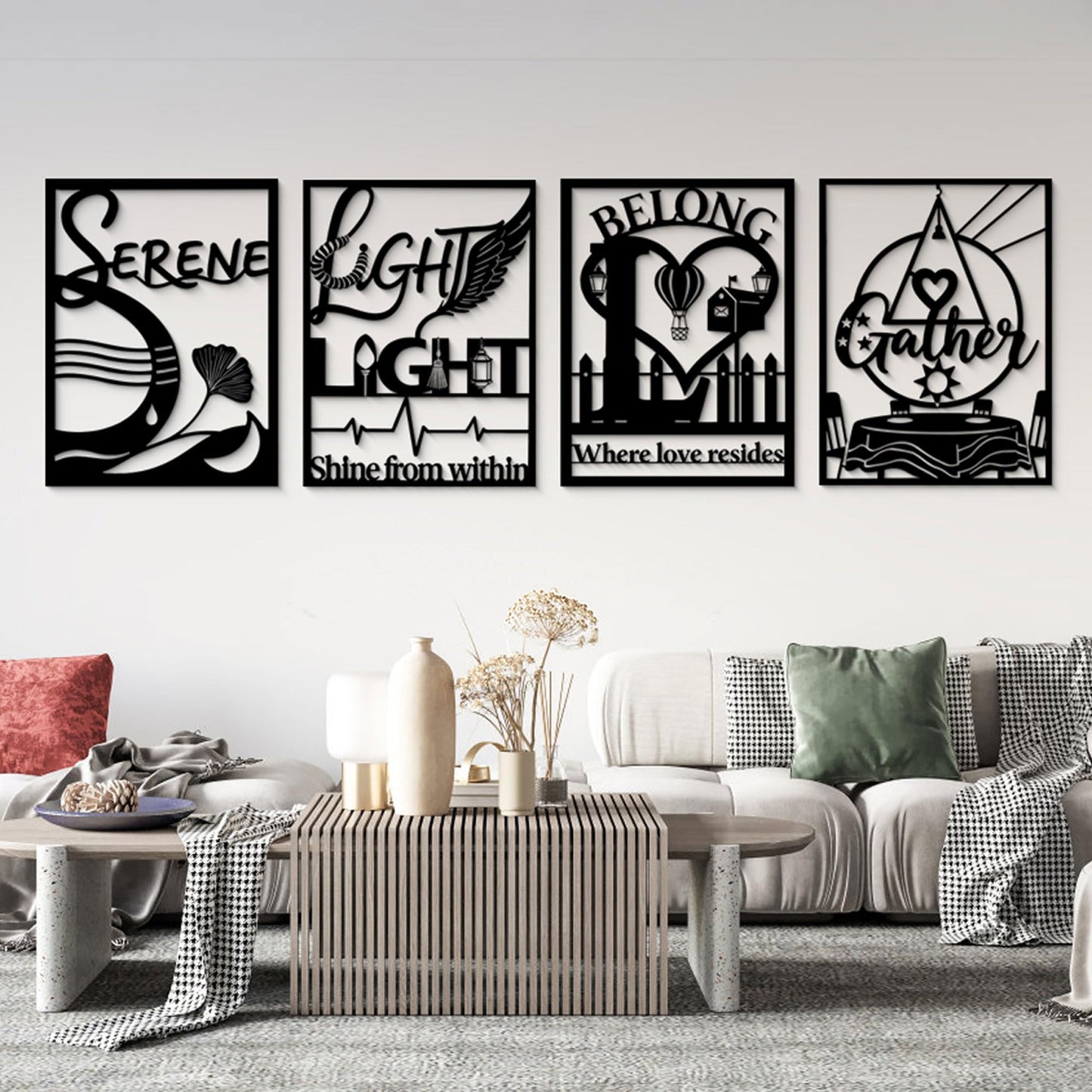 GlintHome Black Metal Wall Decor - Letter (Light/Belong/Serene/Gather) Large Wall Art for Living Room Bedroom Office Home Decor