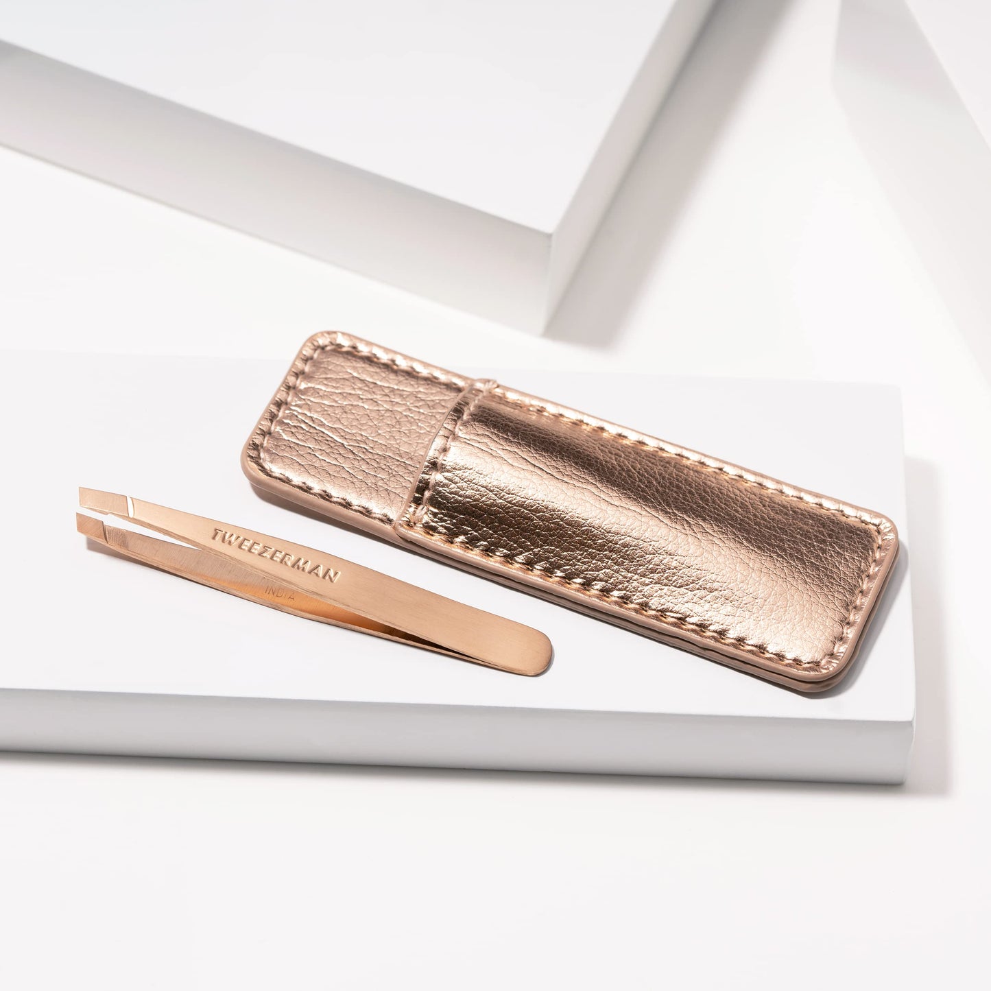 Tweezerman Rose Gold Mini Slant Tweezer with Case - Eyebrow Tweezers for Women and Men