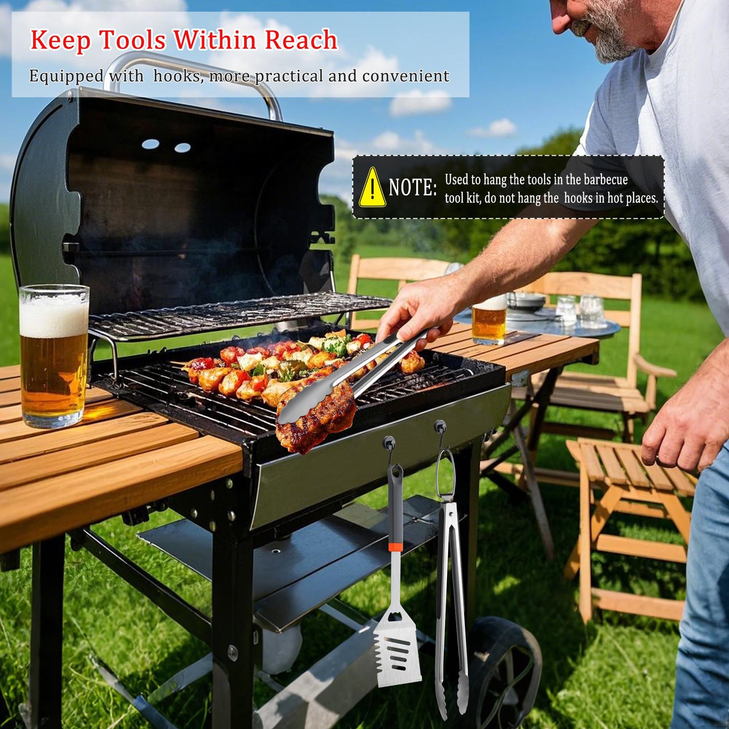 5PCS Grill Tools Set, BBQ Grilling Accessories with Spatula Tongs Apron Hooks, Portable Grill Utensils Set, Stainless Steel Grilling Tools Kit, Camping Tailgating Gifts for Men Dad