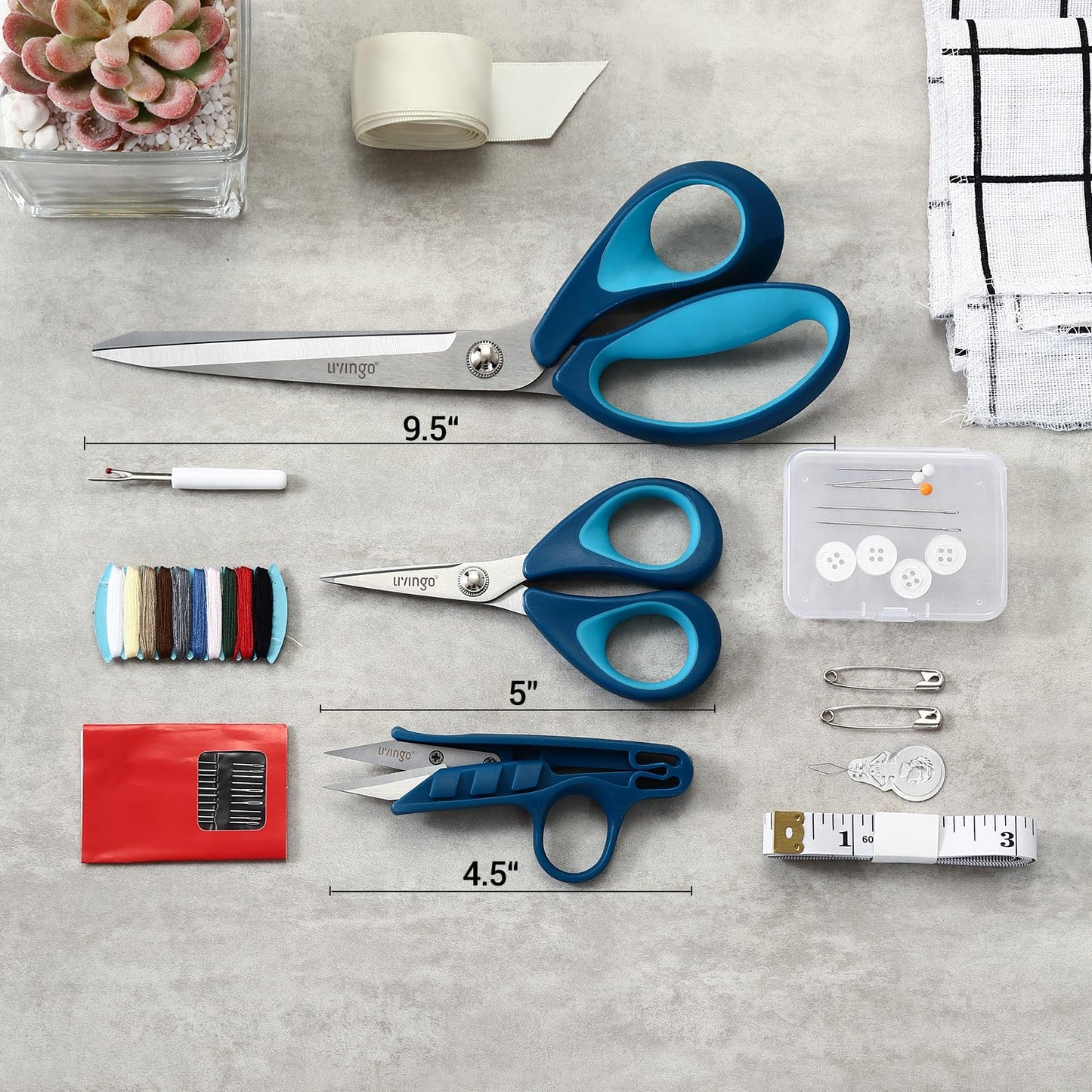 LIVINGO Fabric Sewing Scissors Set All Purpose - Heavy Duty Tailor Shears with Small Embroidery Thread Snips Sewing Kit for Home Crafting Cutting, 9.5" & 5" & 4.5", Blue Comfortable Handles