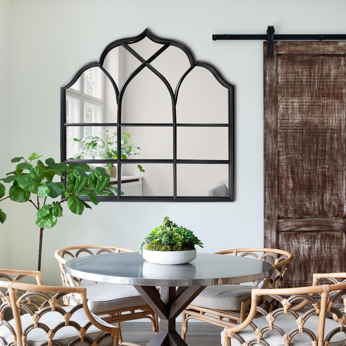 Window Mirror Pane, Black Metal Frame, Cathedral Arched Wall Mirrors Decorative Over Fireplace Mantel, Farmhouse Decorations for Dining Living Room Hallway Entryway