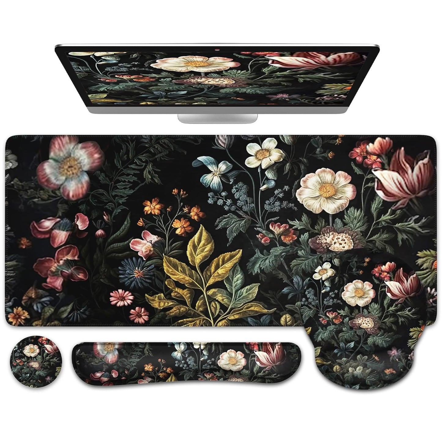 iCasso Desk Cover Mat, 4in1 Floral Large Mouse Pad with Wrist Rest, Desk Matt for Desktop, Anti-Slip XXL Big Computer Ergonomic Mousepad with Wrist Support for Keyboard and Mouse (Elegant Flowers)