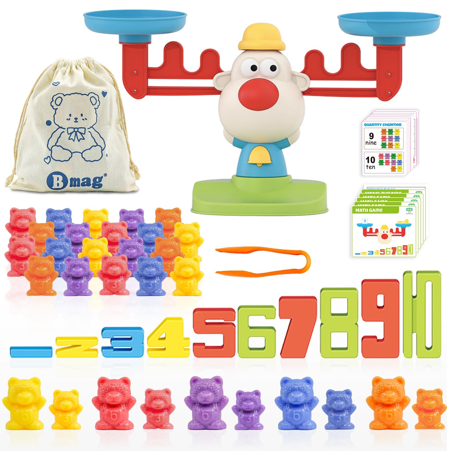 Bmag Balance Math Toys, 3 in 1 Counting Stacking and Balancing Math Learning Game for Kids, STEM Learning Activities Educational Toys with 30 Bears, 10 Numberblocks, 1 Tweezers, 11 Activity Cards