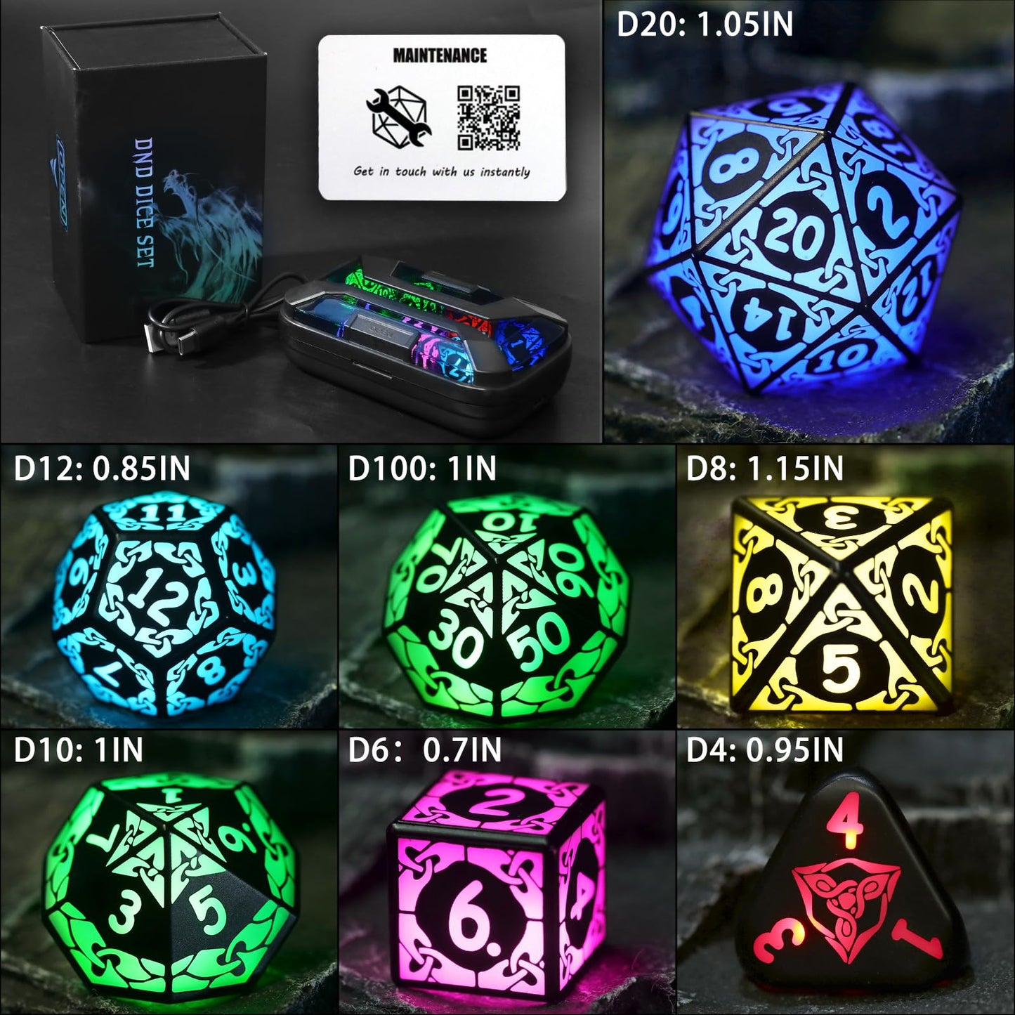LED Dice with Charging Box，7 PCS RGB Light up Dice for Dungeons and Dragons, Polyhedral DND Dice Set for Tabletop Games Gifts（KS-RGB）