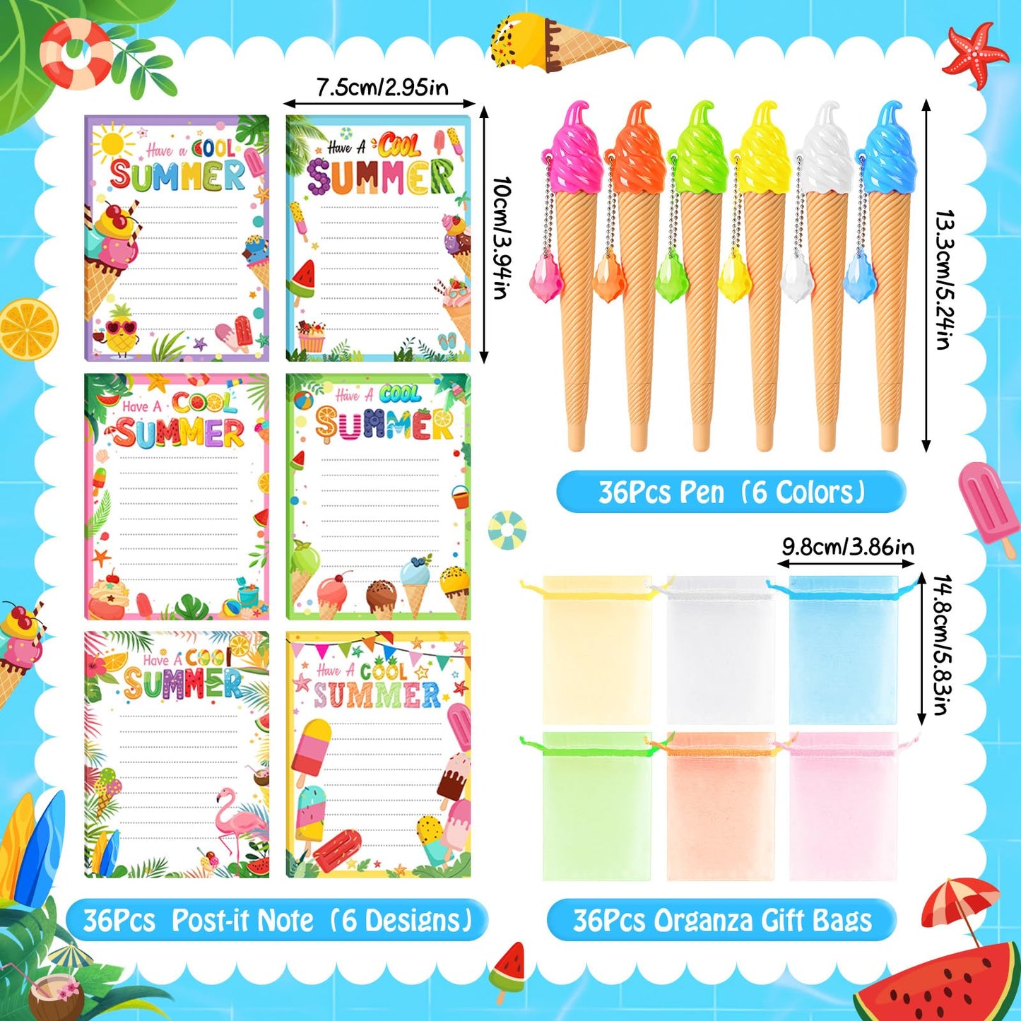 SZCECHRE 36 Pack School End Of Year Surprise Gift Sets, Ice Cream Pens Summer Sticky Notes Kit with Gift Bags & Ribbon for Pool Beach Birthday Class Parties & Student Gifts