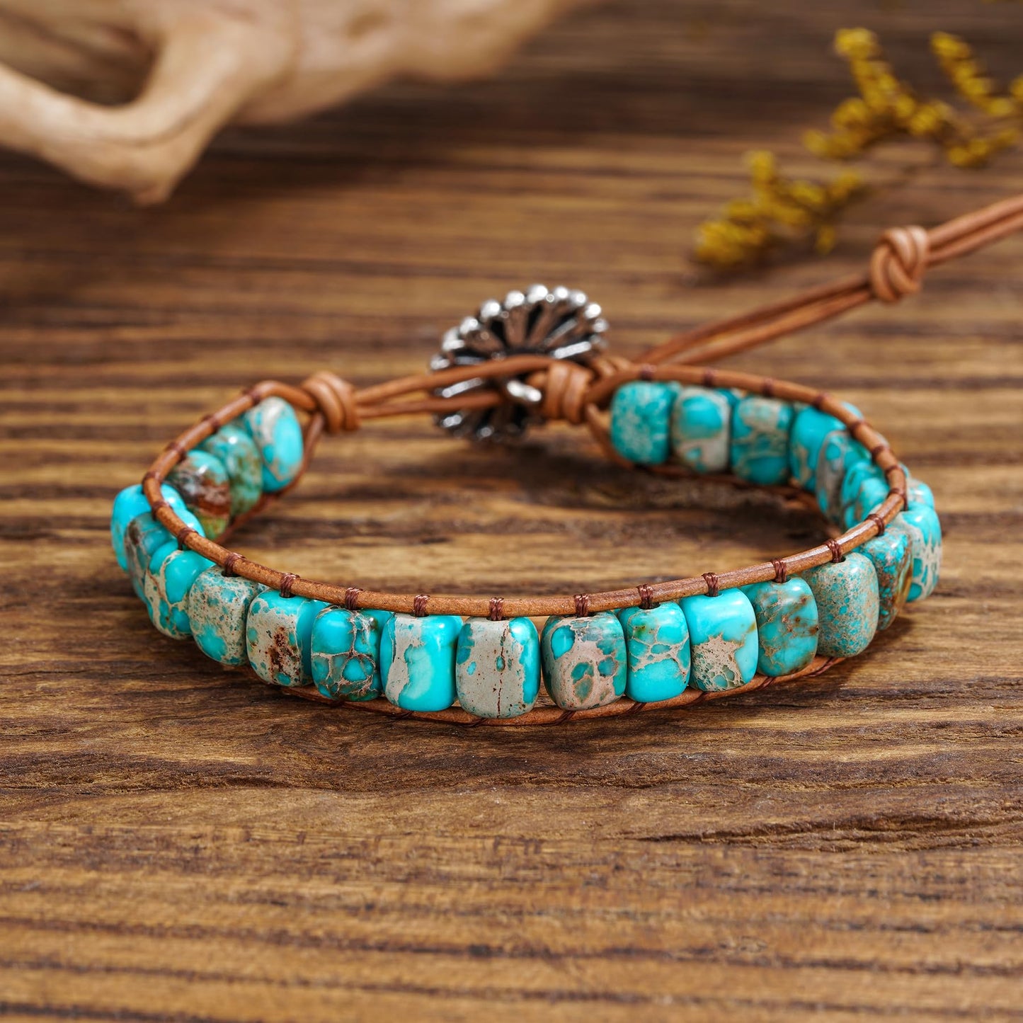 Plumiss Boho Handmade Turquoise Blue Imperial Jasper Bead Wrap Bracelet for Women Men