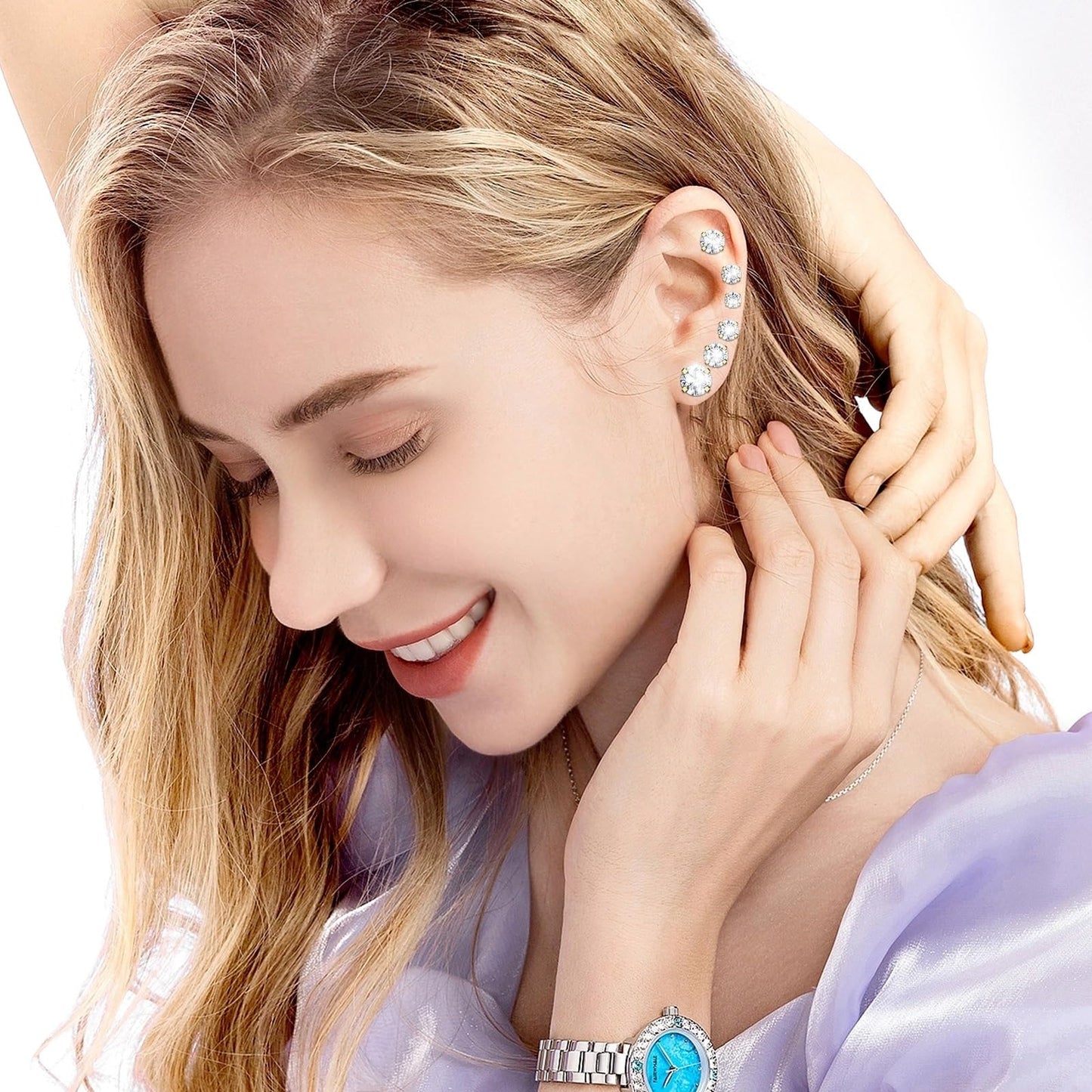 JICHENGEM 7Pairs Hypoallergenic Cubic Zirconia Titanium Stainless Steel Silver Stud Earrings Set