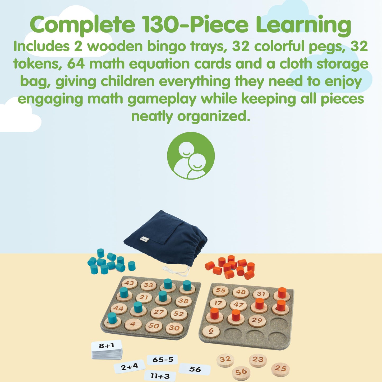 PlanToys® Wooden Math Bingo Game for Montessori Inspired Number Play | Early Math, Counting and Logical Thinking Activity | Eco Friendly Wooden Learning Game for Home or Classroom