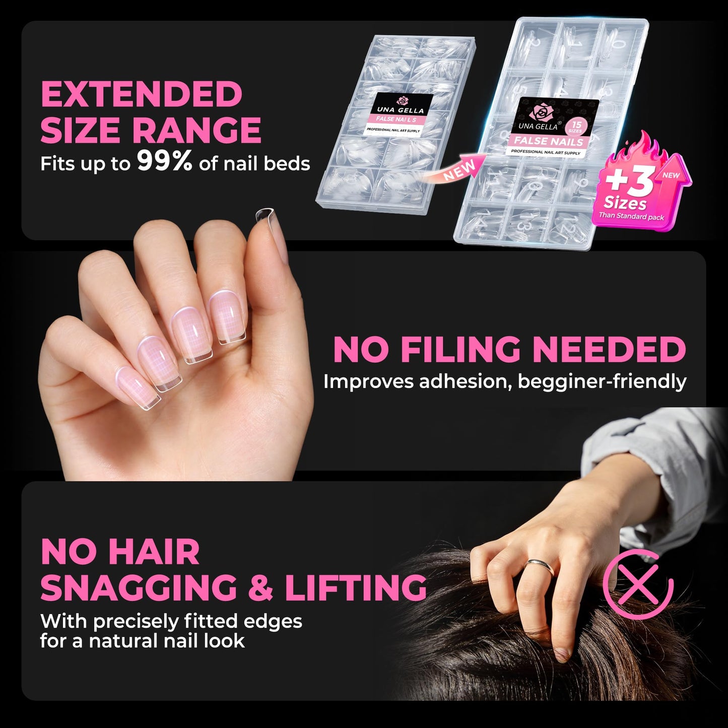 UNA GELLA Short Square Nail Tips 360Pcs, 15 Sizes No Filing Needed Soft Gel Nail Tips Square Short, Clear Full Cover Pre-Buffed Acrylic Nail Extensions, Soak Off False Nails for DIY Salon