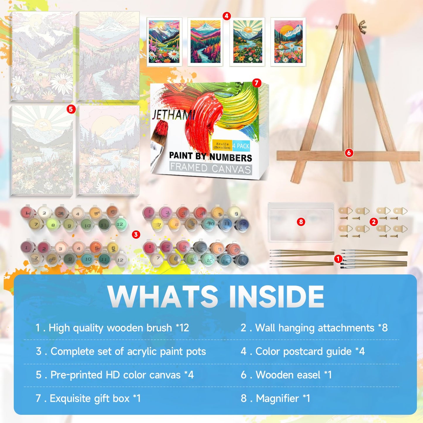 Jethami 4 Pack Paint by Numbers for Adults, Mountains Lake Sunset Landscape DIY Art Kits for Beginners, 8x12 in Framed Canvas for Home Decor