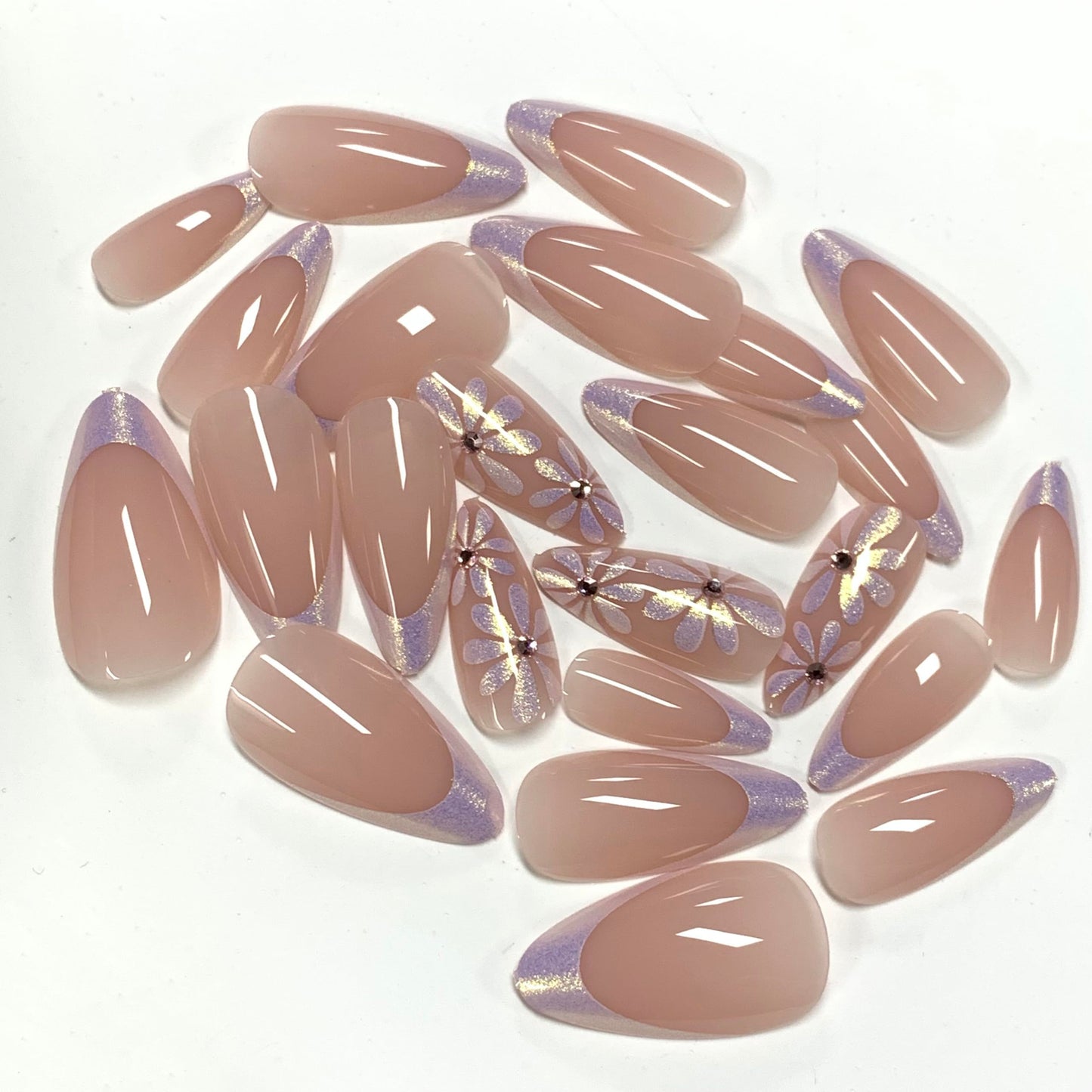 BABALAL Press On Nails, Medium Almond Fake Nails, White Chrome French Tip,Flower Design, Pearl Bling Glossy, Luxury Glue On Nails 24Pcs Reusable