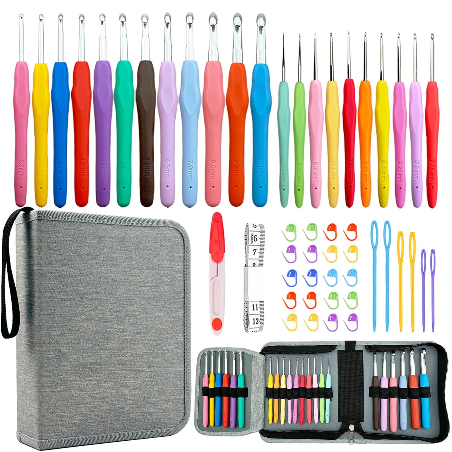 Hobekoee 22 Sizes Crochet Hooks Set with Grey Case,0.5mm-10mm Ergonomic Soft Handle Crochet Hook Needles Set for Arthritic Hands,Complete Crochet Set
