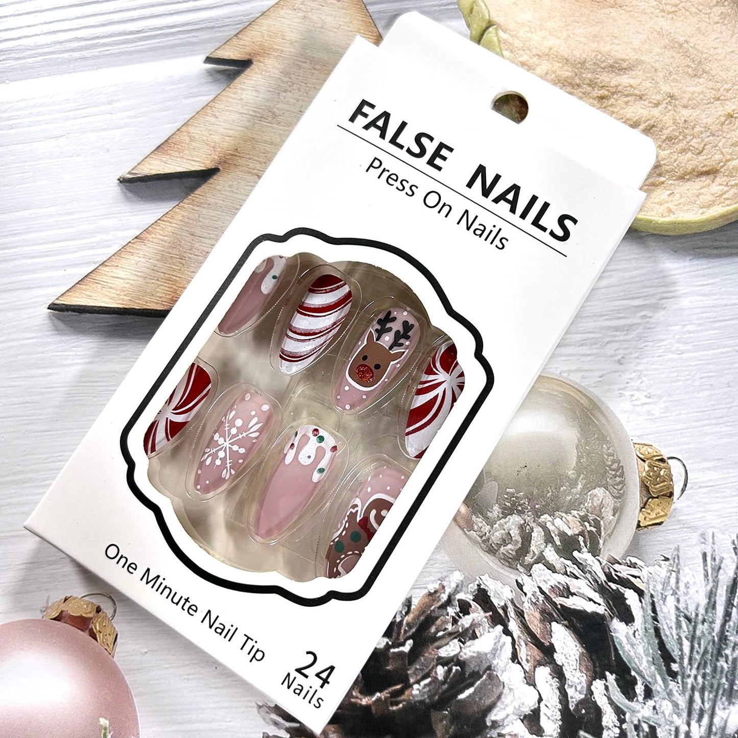 CJDLTS Snowflake Press on Nails Medium Artificial Almond Acrylic False Nails Cute Elk Gingerbread Man Design Stick on Nail Christmas Fake Nail Full Cover Winter Artificial Fingernails for Women 24Pcs