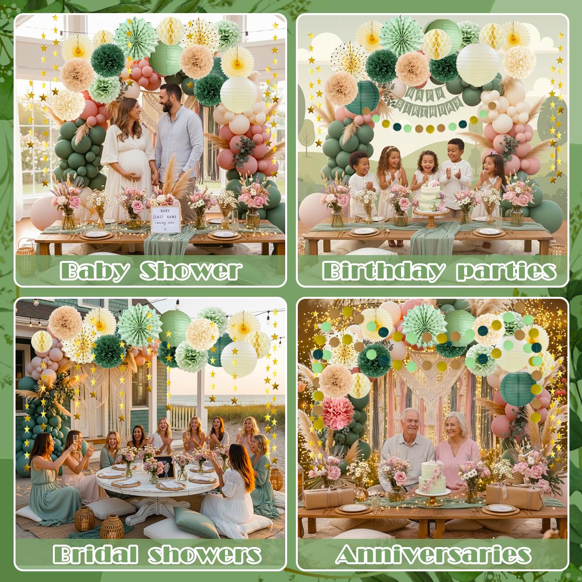 Boho Paper Decorations Set, Sage Green Party Decorations Set, Boho Neutral Baby Shower Decor, Paper Pom Poms Lanterns Honeycomb Balls Hanging Star Garland for Birthday Baby Shower Wedding Tea Party