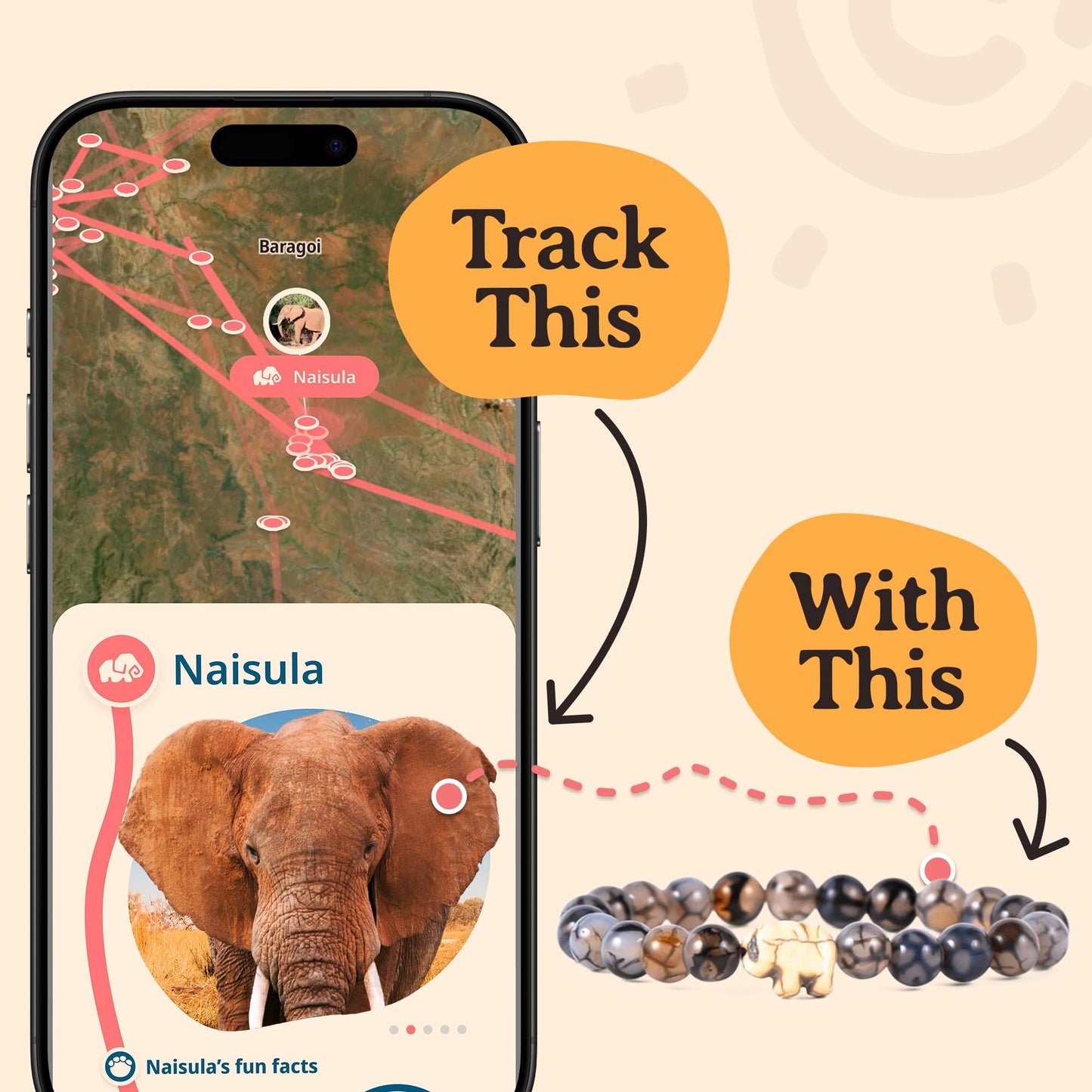 Fahlo Elephant Tracking Bracelet – Track a Real Elephant’s Journey – Supports Save the Elephants – Elastic, One Size Fits Most – on Interactive Mobile App Map – Unisex Conservation Gift (Lava Stone)