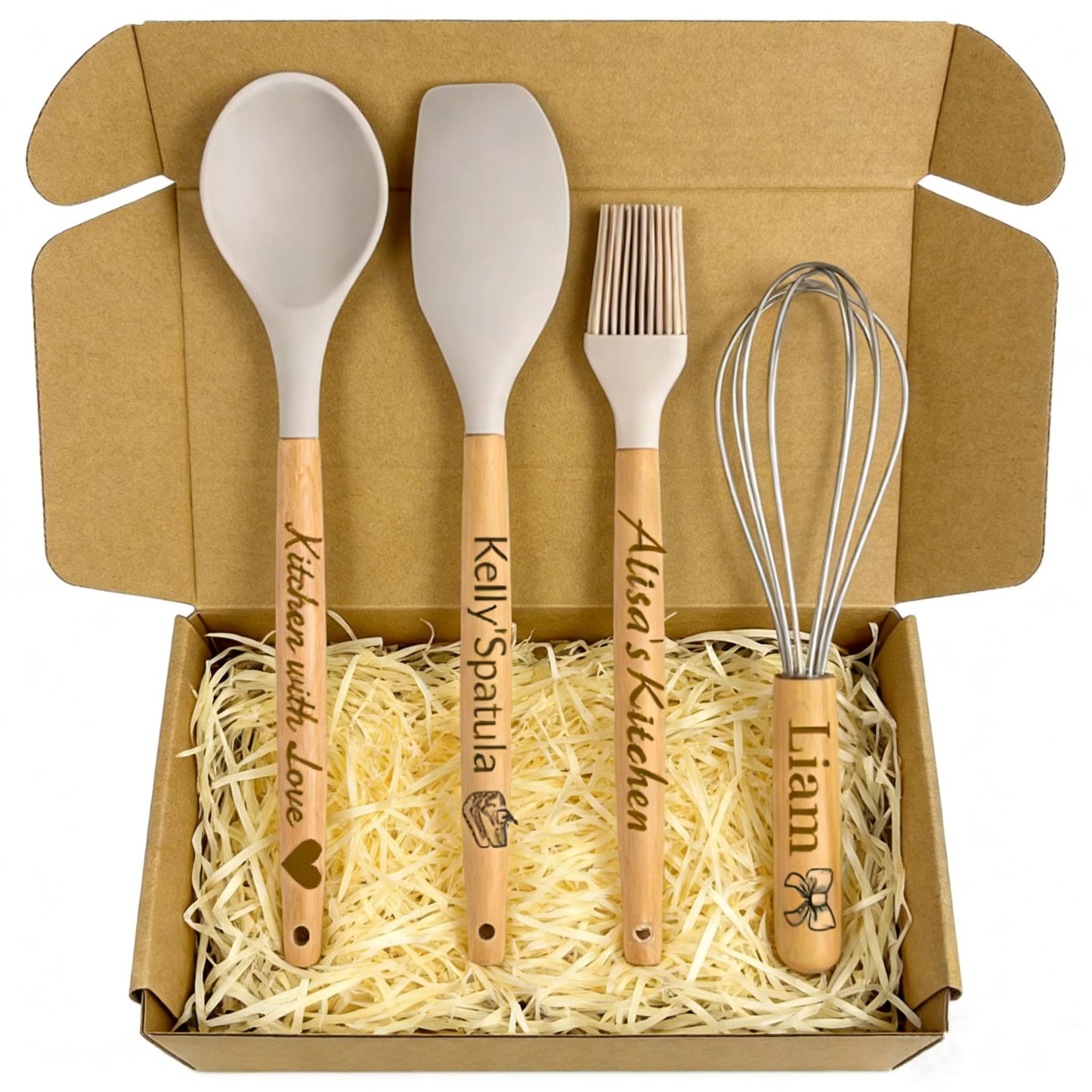 Personalized Kitchen Gift Set 4-Pcs with Kraft Box, Custom Engraved Text Unique Housewarming Gifts Set, New Home Wedding Bridal Shower Hostess Birthday Gifts for Women