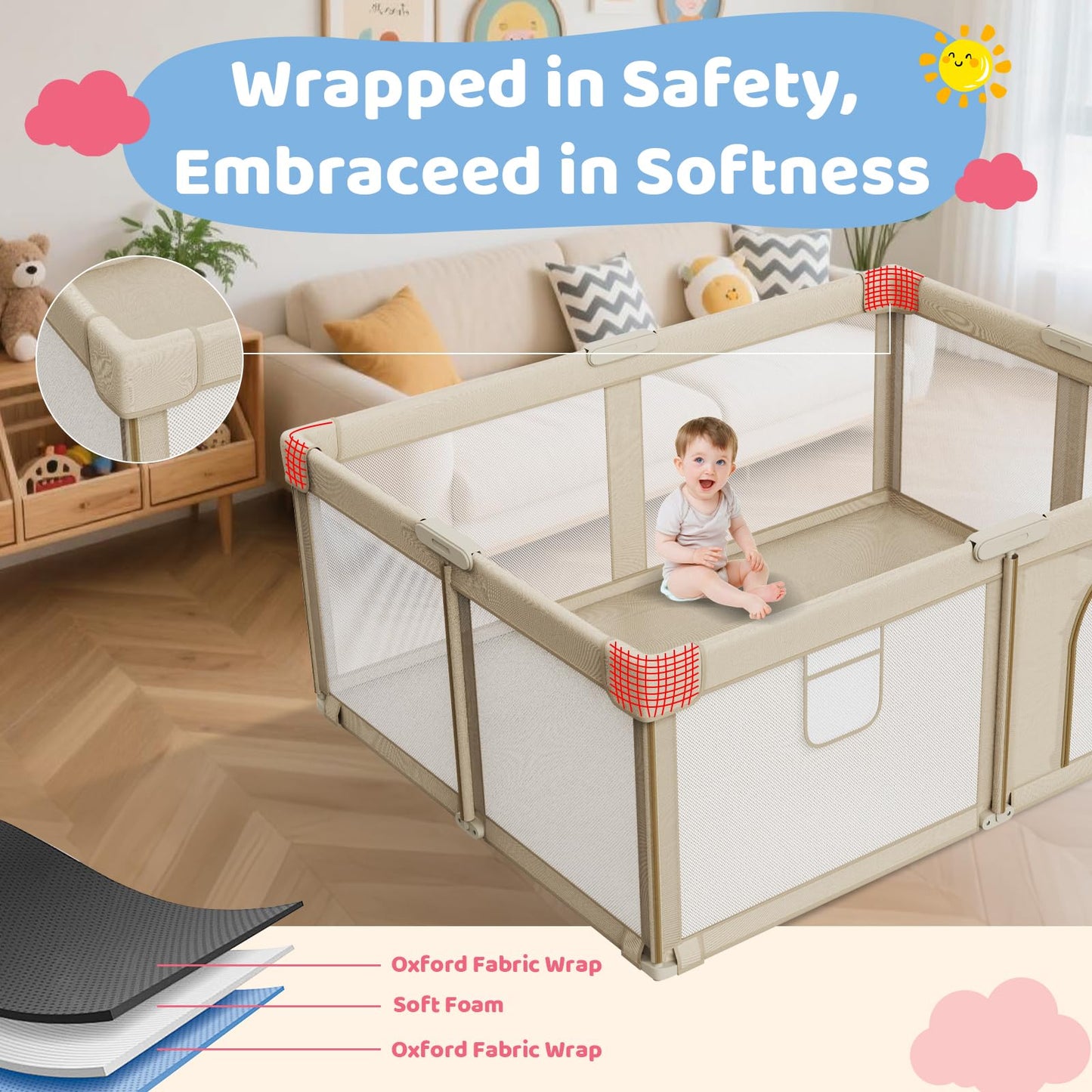 Foldable Baby Playpen: 71” x 59” Super Large Playpen for Babies and Toddlers - Portable Play Pen for Babies with Breathable Mesh & 2 Pulling Handle - Baby Play Yard for Outdoor & Indoor