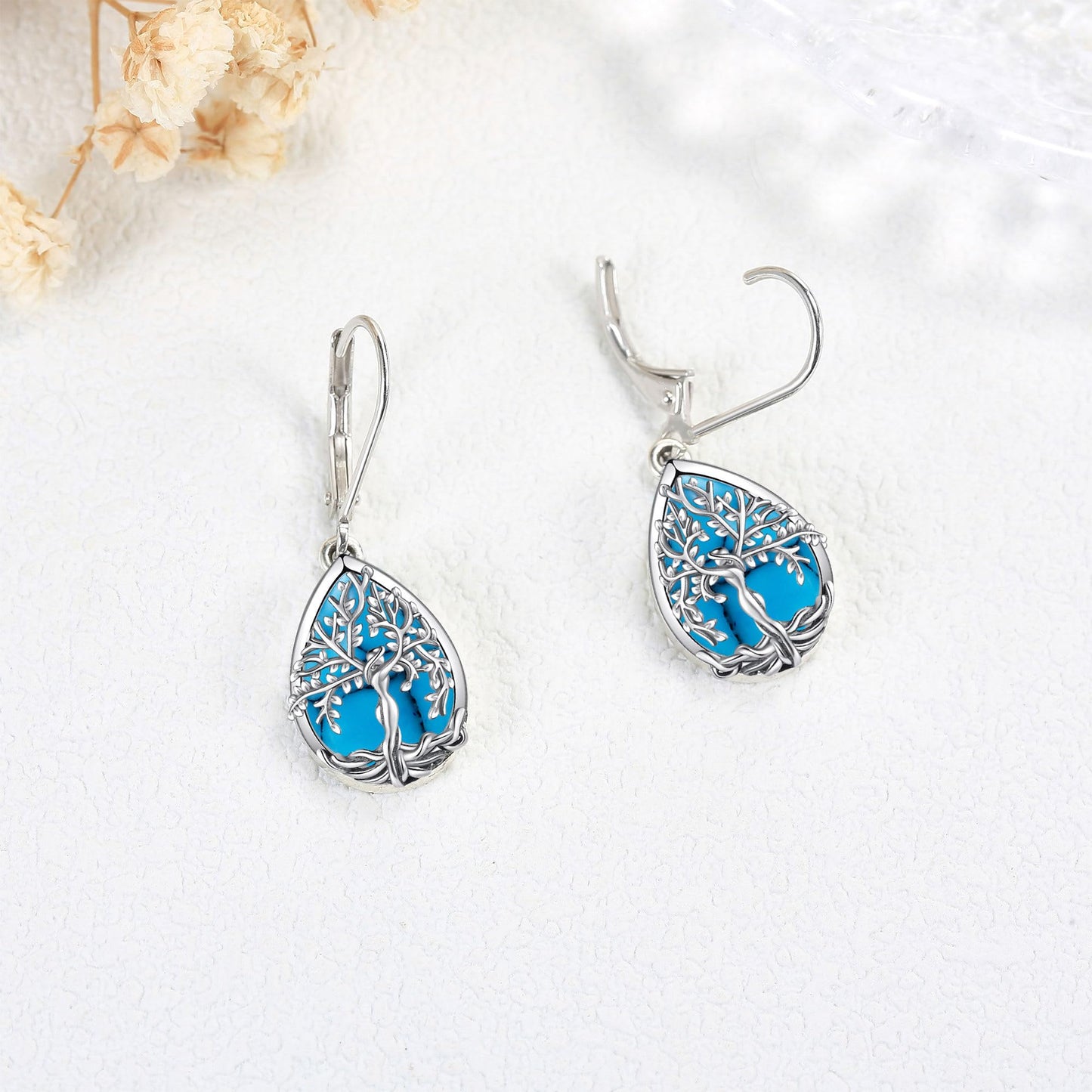 ONEFINITY Turquoise Tree of Life Earrings Sterling Silver Turquoise Tree of Life Dangle Drop Earrings Teardrop Turquoise Jewelry for Women
