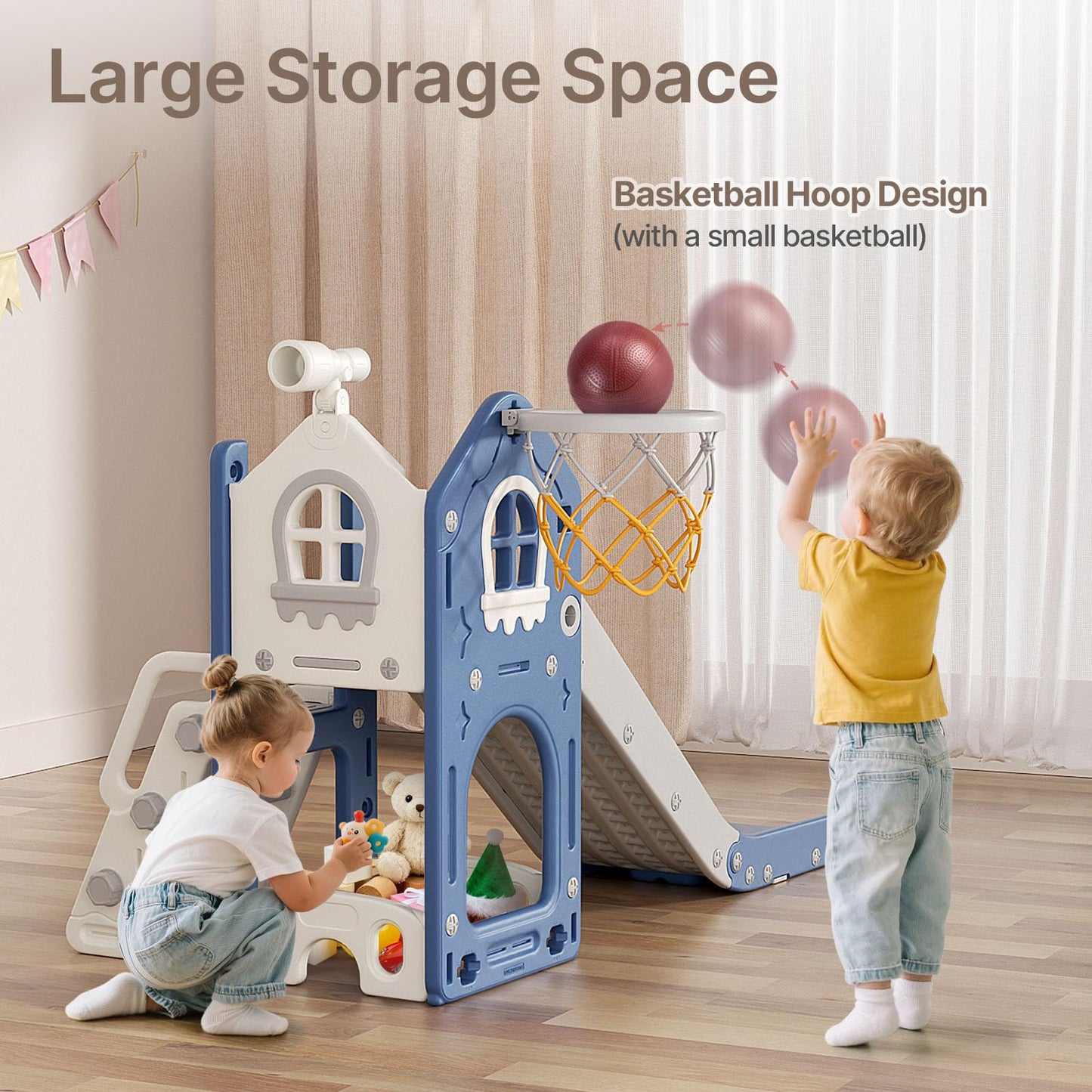 BIERUM 6 in 1 Toddler Slide - L-Shaped Baby Slide for Toddlers Aged 1-3 with Basketball Hoop, Telescope Toy and Anti-Slip Pads, Indoor Outdoor Toddler Playset, Blue Gray