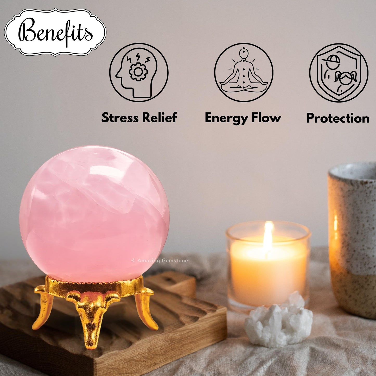 Amazing Gemstone Rose Quartz Crystal Ball with Stand - 2 Inches Crystal Sphere Meditation Balls for Witchcraft and Decorative Balls
