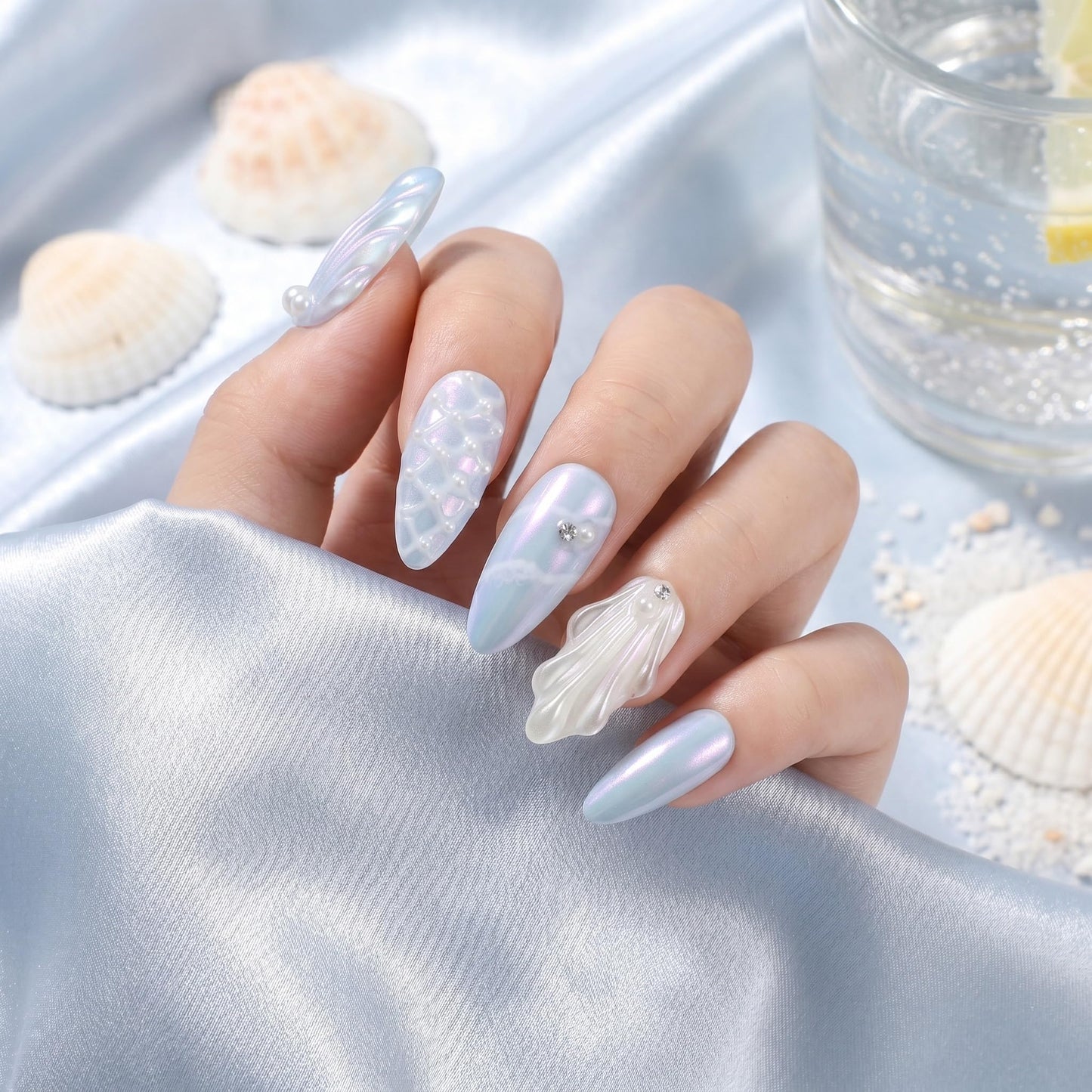 Sun&Beam Nails Handmade Press On Nail Medium Long Almond Oval Blue White Pearl Shell Fake Tip 3D Design Art Charms Cute with Storage Box 10 Pcs (#028 S)