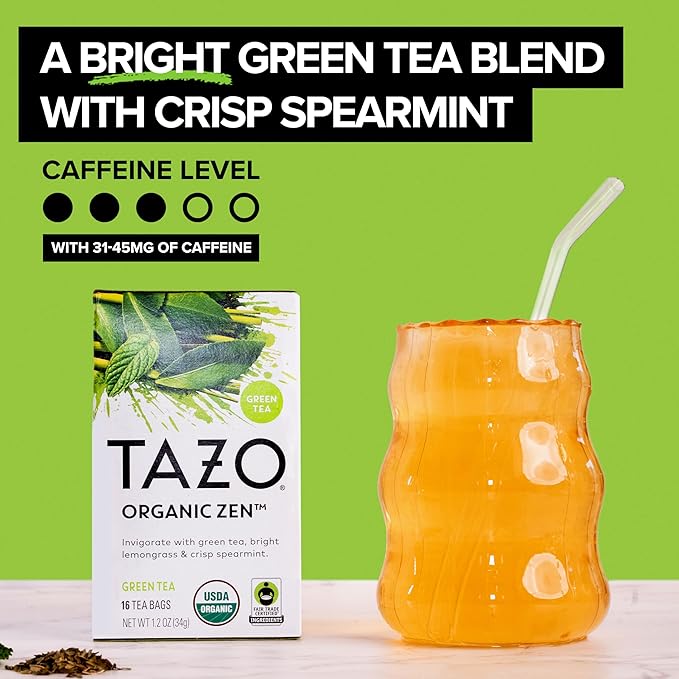 TAZO Organic Zen Green Tea, Caffeinated Tea with Refreshing Lemongrass & Spearmint, 16 Total Bags