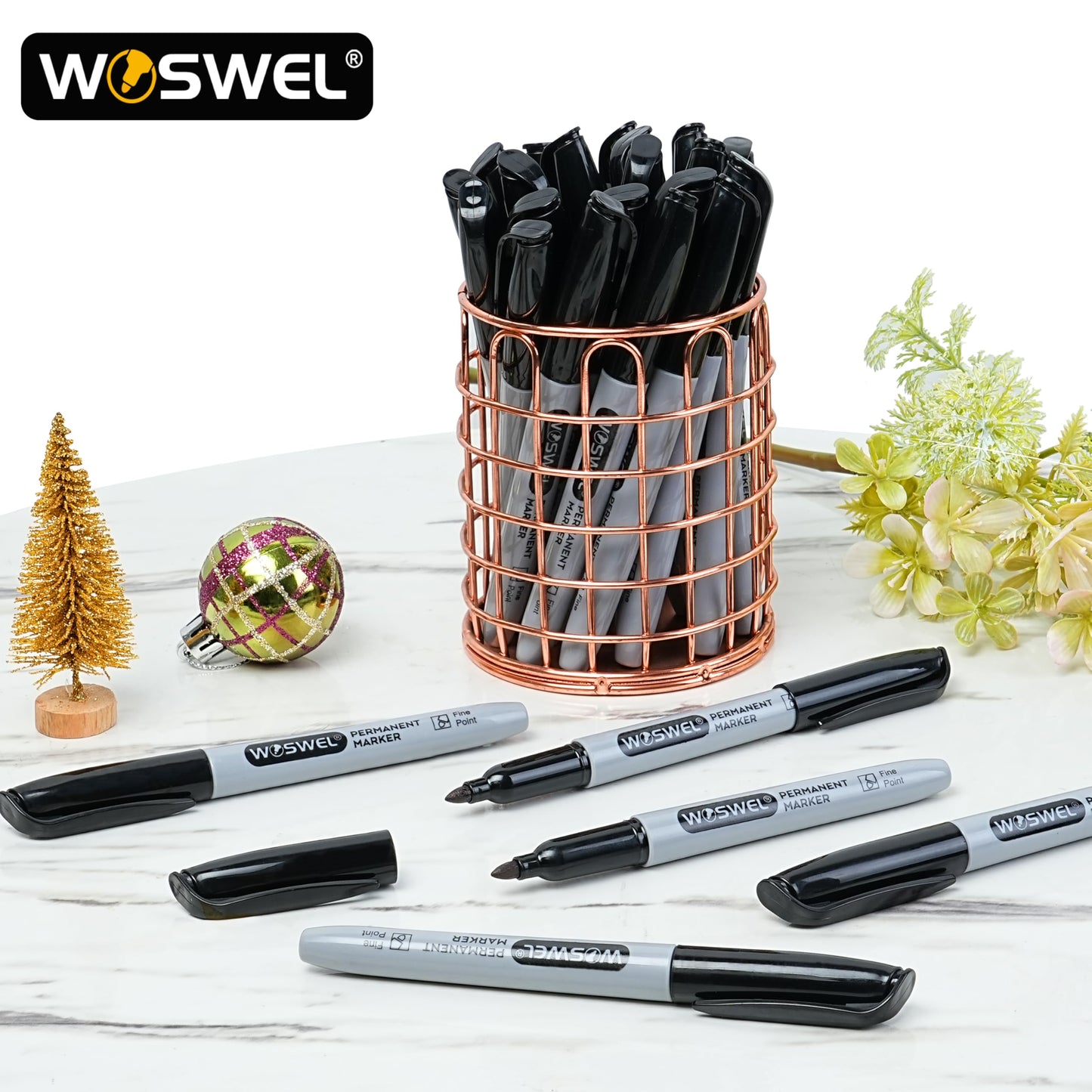 WOSWEL Permanent Markers Bulk, 144 Pack Fine Point Tip Black Permanent Marker Set, Waterproof Markers, Premium Smear Proof Pens, Quick Drying, Office Supplies for School, Office, Home