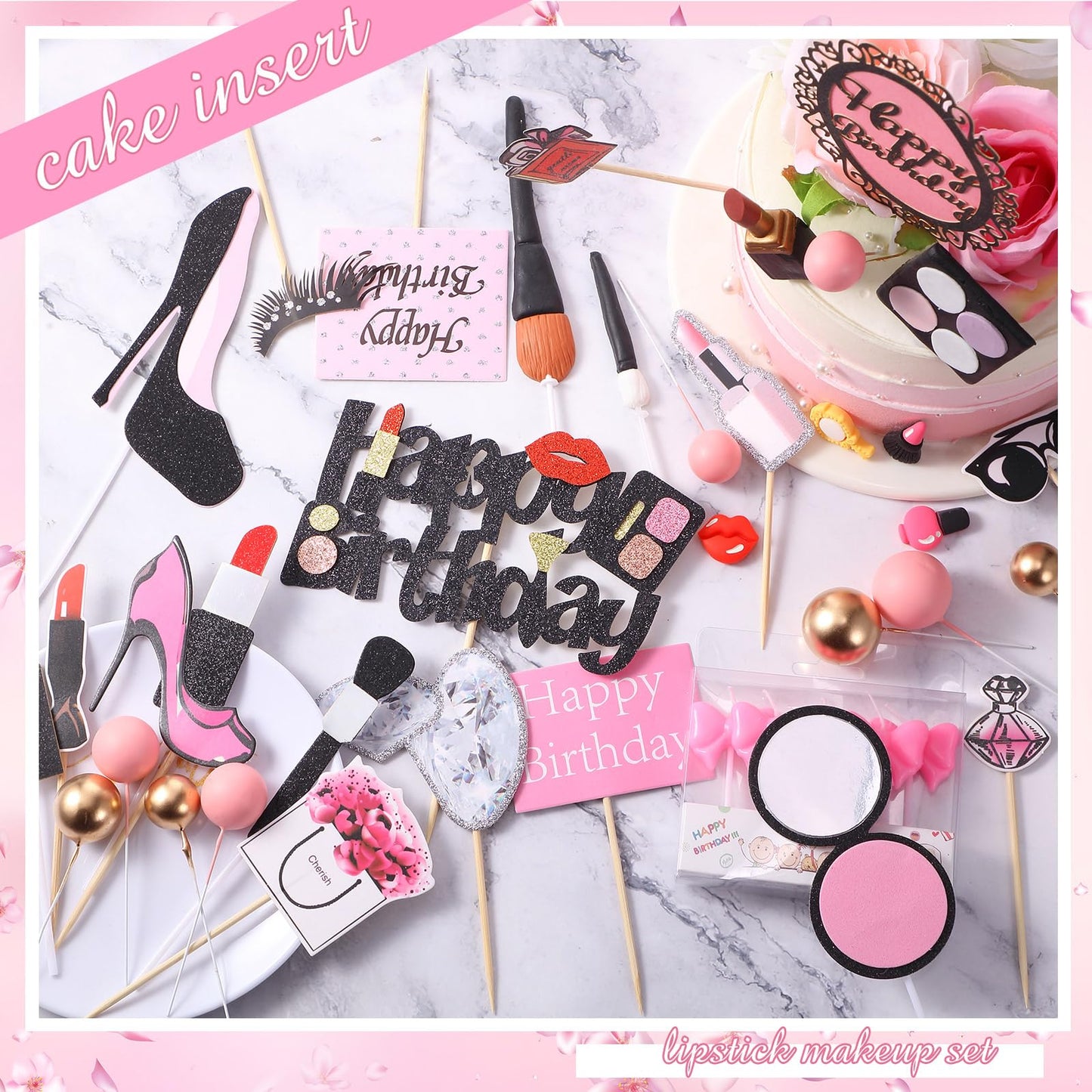 Beeveer 42 PCS Makeup Cake Topper Decorations Cosmetics Theme Bridal Cake Topper Party Lipstick Perfume Picks for Bridal Shower Birthday Partys