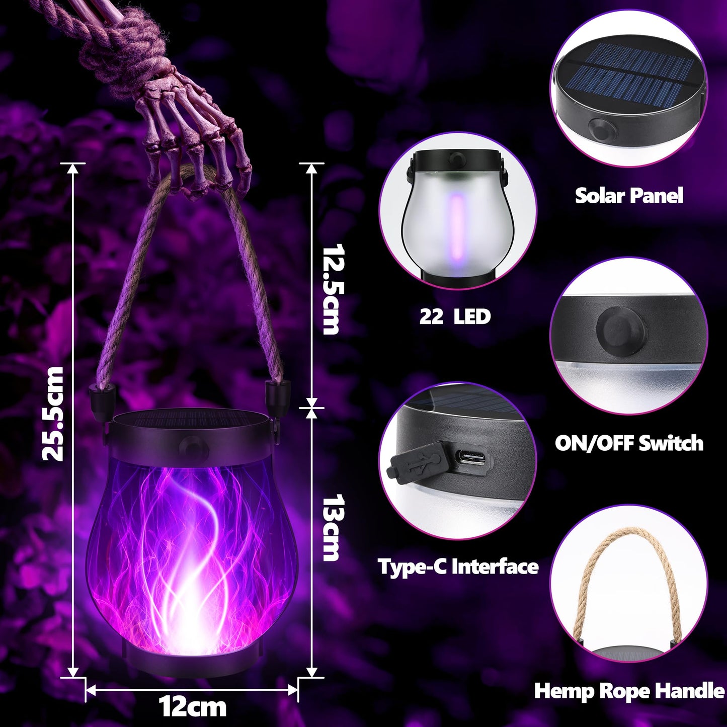 iBaycon 2 Pack Solar Lanterns Lights, Halloween Flickering Flame Garden Lights with 2 Modes Dual Charging USB & Solar, Outdoor Waterproof Hanging Lantern for Party Holiday Halloween Decor (Purple)