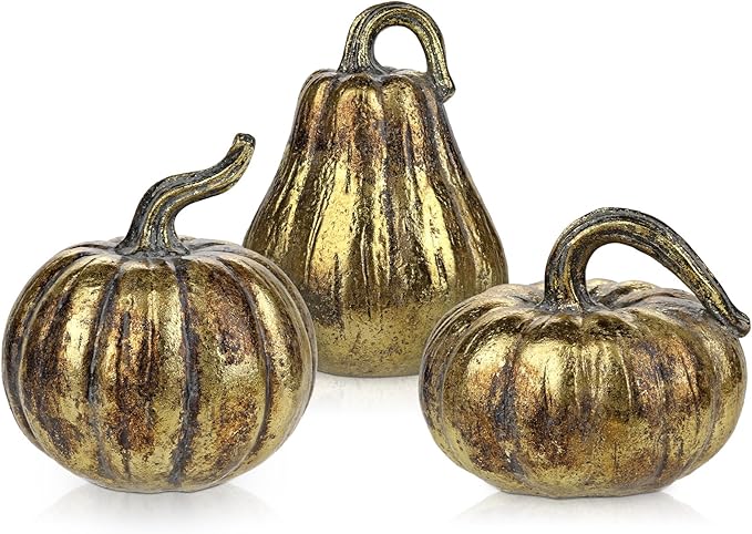Hollyone Fall Pumpkin Decor 3 PCS Gold Resin Pumpkin Figurines Fake Pumpkins for Decorating Faux Pumpkins Fall Decorations Rustic Farmhouse Home Centerpiece for Thanksgiving Harvest Halloween Autumn
