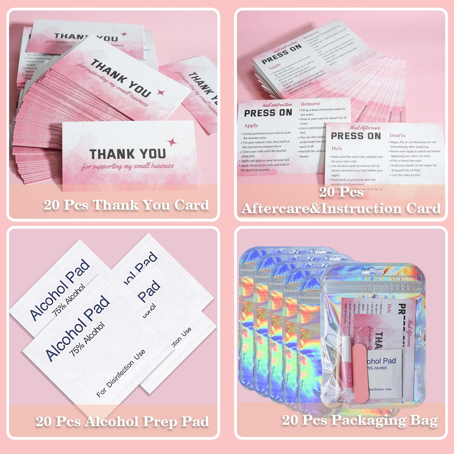 Press On Nail Tool Kit for Nail Business, Nail Prep Application Disposable Kit with Nail File, Nail Glue, Prep Pads, Instruction Card, Adhesive Nail Tabs, Wood Stick, Holographic Bag (20pcs in Pink)